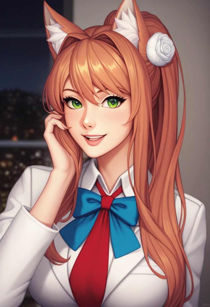 ((masterpiece, best quality:1.2))(coral brown hair)(emerald green eyes),solo,1girl,monika(doki doki literature club),(standing_fox_ears),(fluffy_fox_tail), standard_outfit, winter_clothing, happy face expression, photo