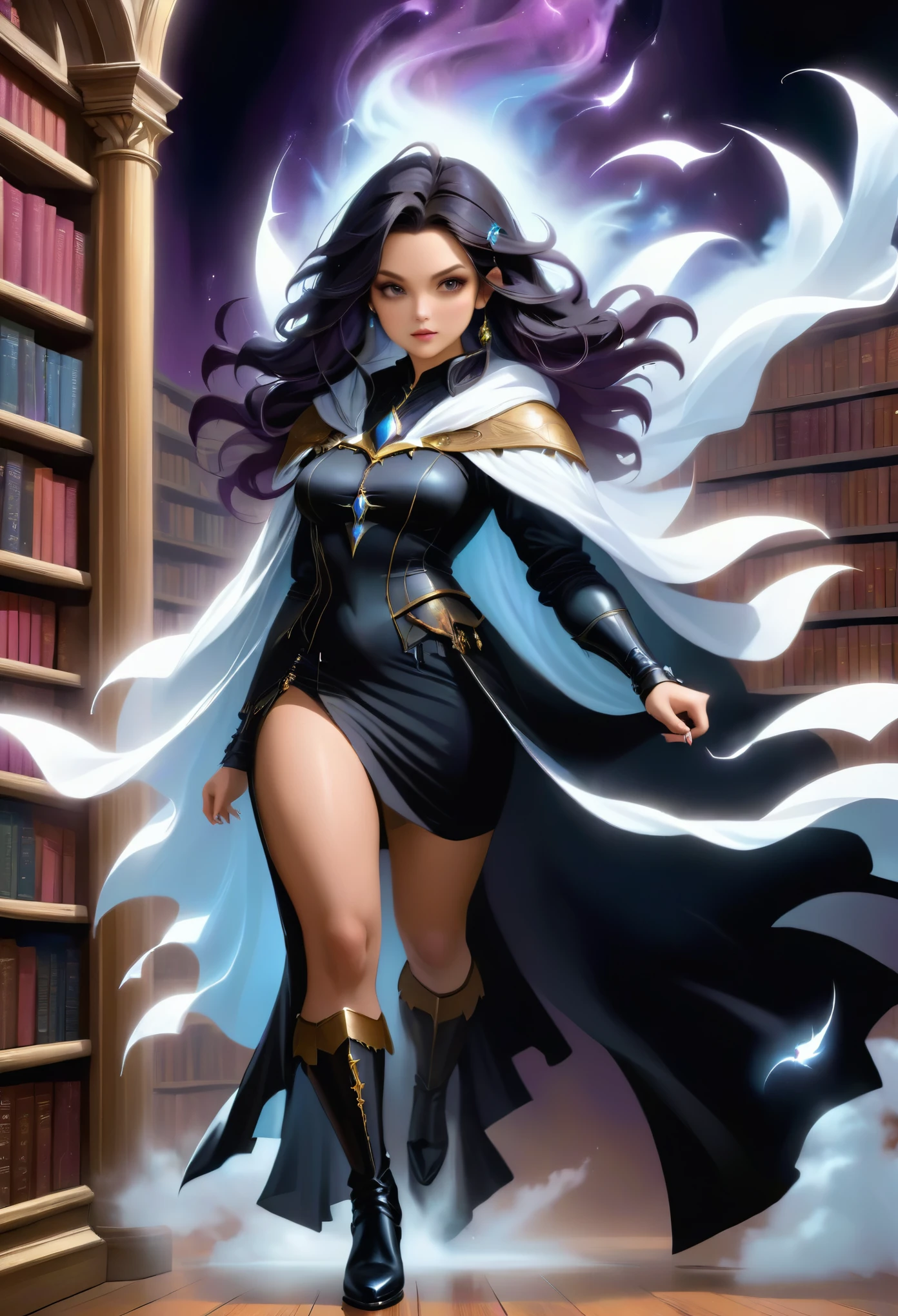 a masterwork picture of a sorceress casting a spell in magical library, exquisite beautiful woman, dynamic hair color, dynamic hair style, ((full body shot: 1.5)), ((anatomically correct: 1.5)), (ultra detailed face: 1.2), best detailed face, high details, best quality, 16k, (long black dress: 1.2), (white cloak: 1.3), high heeled boots (ultra details, Masterpiece, best quality) masterpiece, best quality, (extremely detailed), full body, ultra wide shot, (ultra details, Masterpiece, best quality), fantasy art, dnd art,fantasy art, realistic art, (ultra details, Masterpiece, best quality), (ultra details, Masterpiece, best quality), IceMagicAI, Hyperrealism style, rpg portrait
photograph
