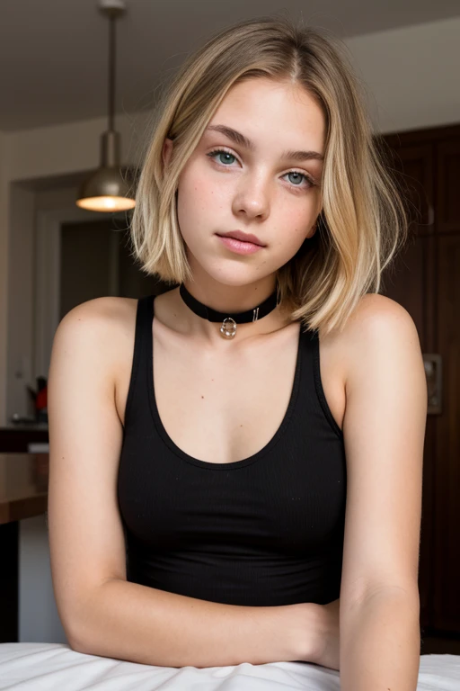 19 yo blonde girl . Full lips. Eyes wide. Very short hair, wearing a tank top