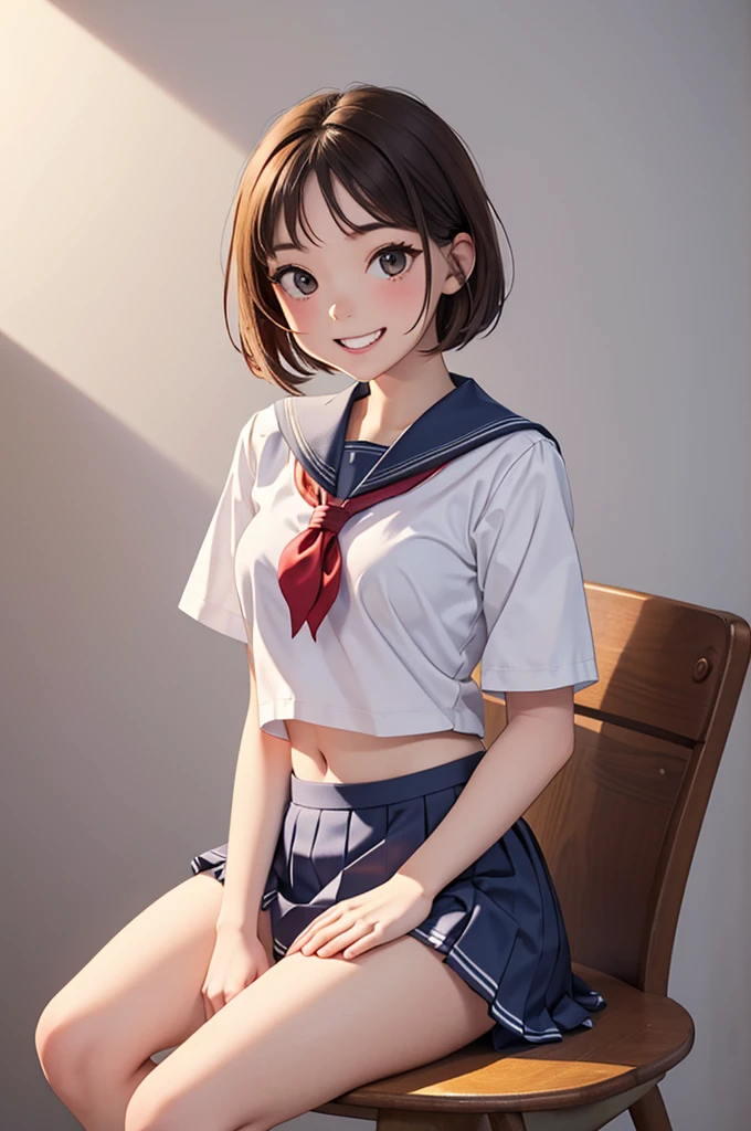 (((masterpiece, best quality, ultra highres, 1 girl, solo, no background))), super detailed skin and face and eyes and finger, young delicate girl, cute girl, very cute japanese woman, small breasts:1.5, skinny, light brown hair, white background, very short pixie hair, cowboy shot, Generate with illustrations, Various expressions, Various poses, Please draw the entire character within the frame, ensuring that the head, arms, and legs are not cut off. The background should be simple, with the character positioned centrally, outline, anime, 2d, boyish, (School uniform: 1.5), Baggy socks, (Beautiful thighs: 1.0),belly:1.2, spread legs, smile showing teeth, white panties,