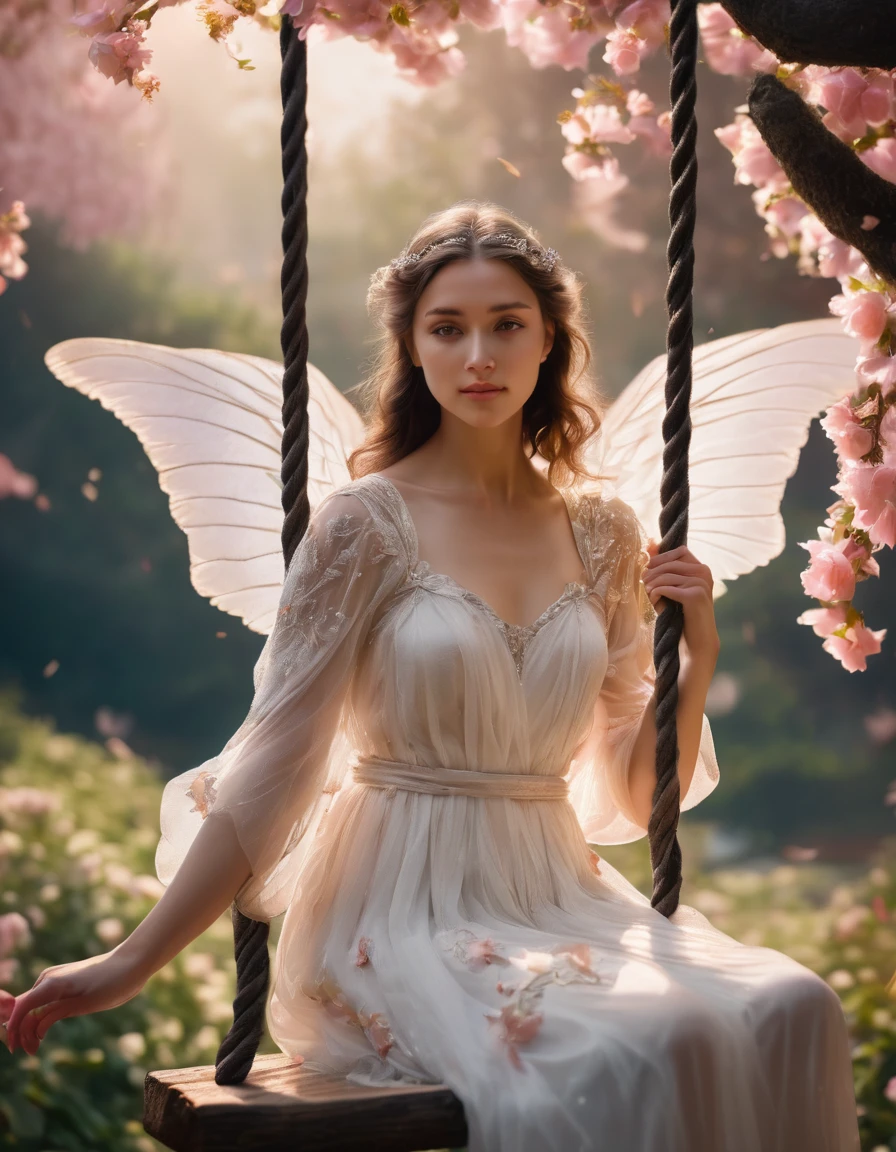 A charming angel maiden with delicately folded Bat wings, perched on a quaint swing of blooming petals knotted in the air, raw photography, ethereal, unveiling an aesthetically breathtaking panorama, dynamically interplay of light, depth of field, intricately detailed