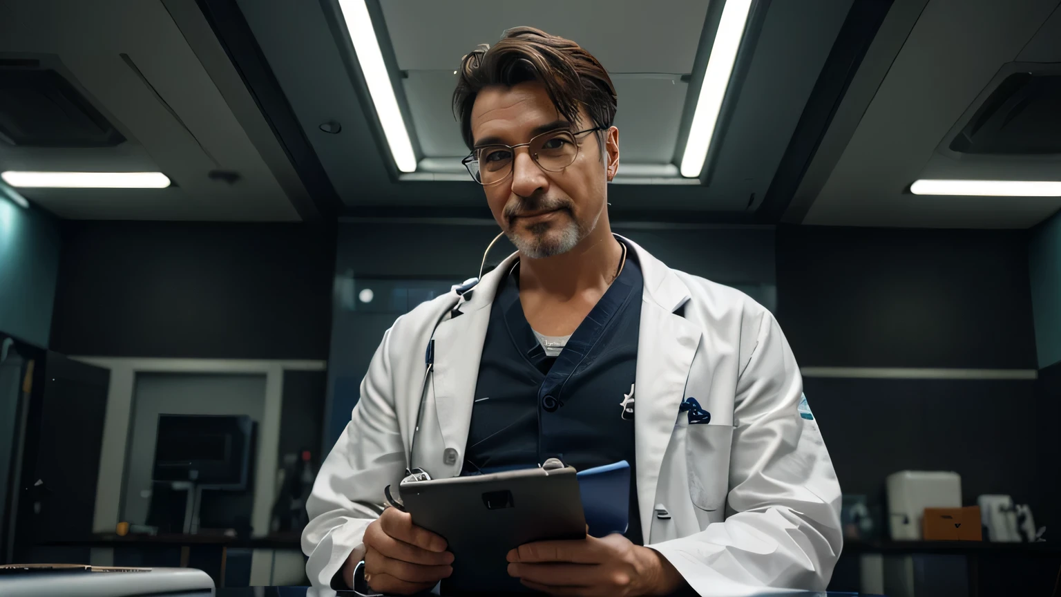 Hyper-realistic, cinematic quality images of a hyper-futuristic hospital interior. Cyberpunk atmosphere. Hyper-futuristic, colorful and bright lighting. An examination room with a mix of antique and hyper-futuristic. A handsome 48-year-old male doctor sits in a chair and examines a patient. He wears glasses. (He is wearing a shirt and lab coat with a realistic tiger face printed on it: 1.2). A stethoscope hung around his neck. He smiles slowly and warmly at the camera, his expression friendly and inviting.