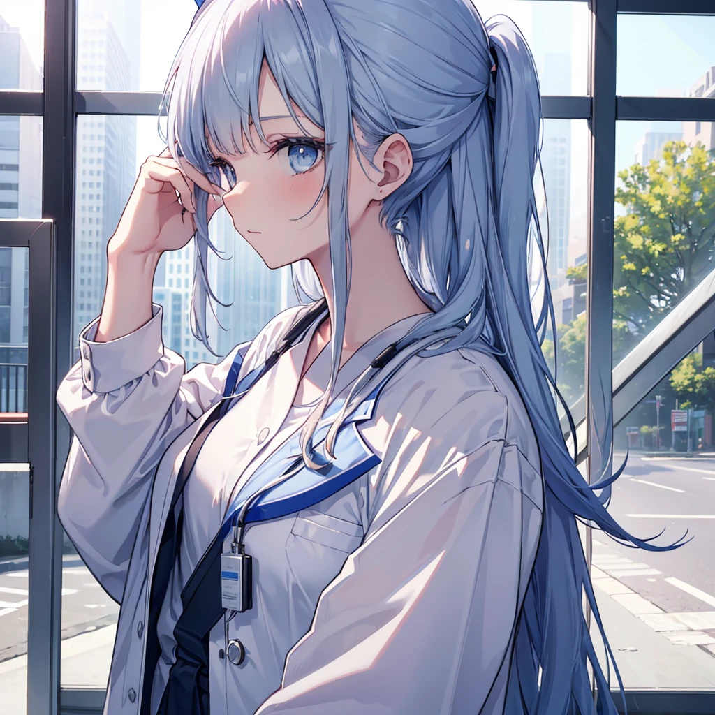 nursing aide,one girl,solo,blue or white scrubs,not wearing a hat or cap, frame it up to the top of the head, The top of my head doesn't come out of the frame,Facing forward.