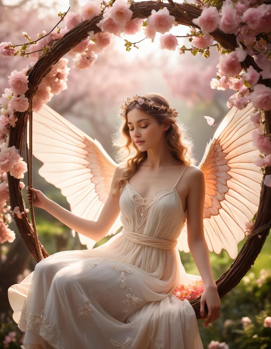 A charming angel maiden with delicately folded Bat wings, perched on a quaint swing of blooming petals knotted in the air, raw photography, ethereal, unveiling an aesthetically breathtaking panorama, dynamically interplay of light, depth of field, intricately detailed