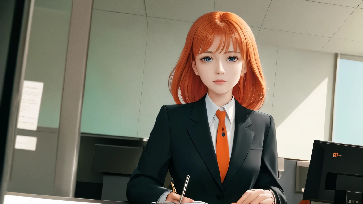 /draw orange hair woman green eyes sitting at desk talking on telephone with computer monitor, 1 9 8 0 s vaporwave business fashion, business woman, 1 9 8 0 s woman, woman in business suit, young business woman, denis velleneuve, female in office dress, sat at her desk, female lawyer, wearing a strict business suit, serious business, working hard, portrait of kim wexler