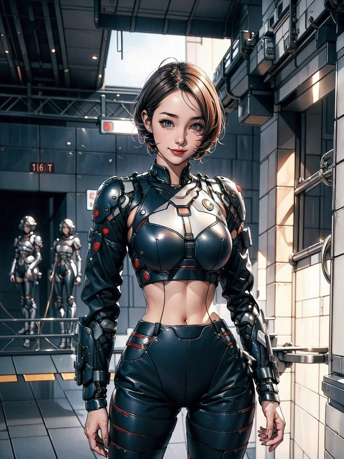 163 Short Hair,  (20-year-old woman, Are standing), Surreal, A kind smile, SF Cool Suit, (lipstick), Futuristic fighter, light, lunp, shining, neon, sparking, 
