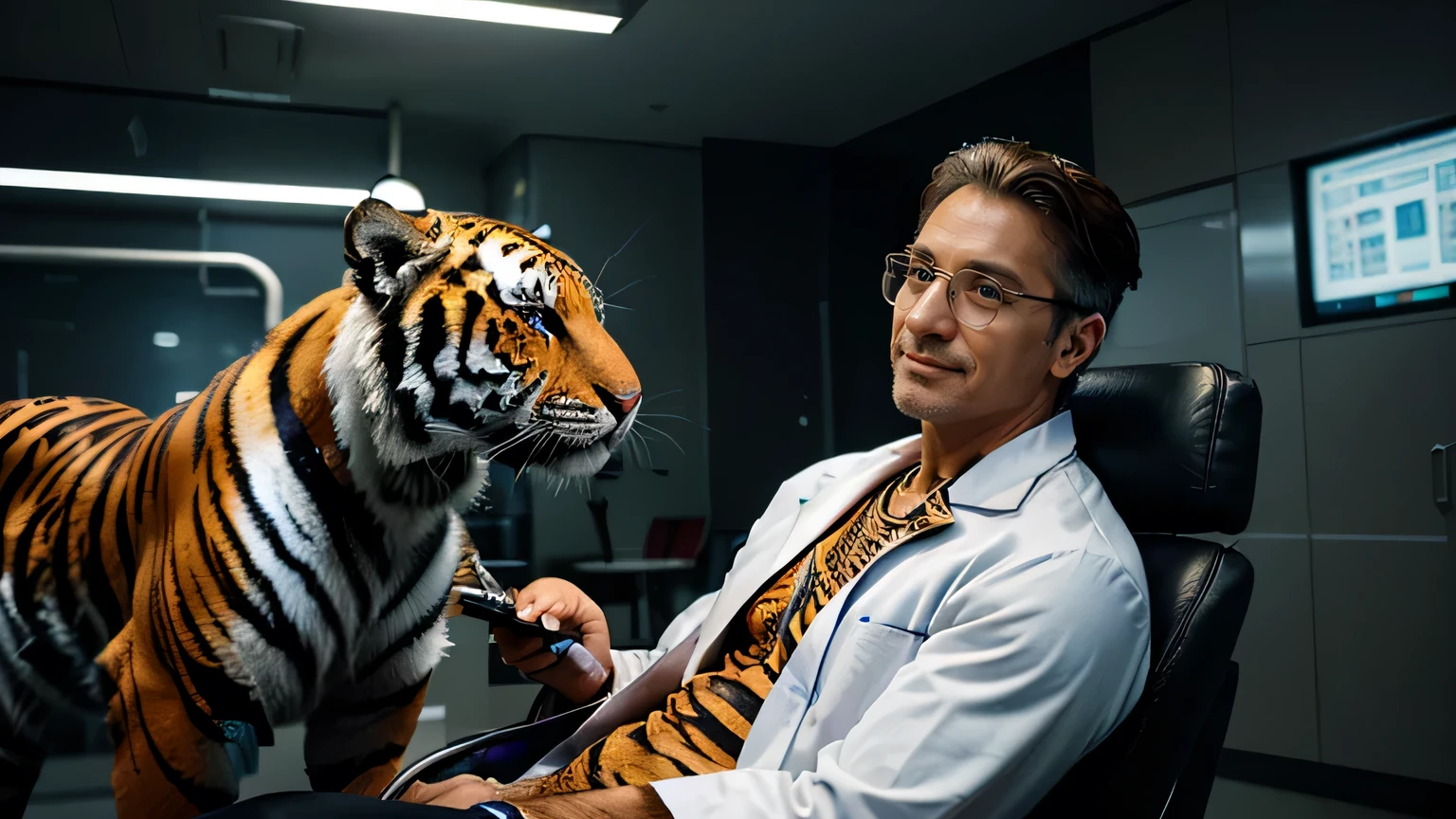 Hyper-realistic, cinematic quality images of a hyper-futuristic hospital interior. Cyberpunk atmosphere. Hyper-futuristic, colorful and bright lighting. An examination room with a mix of antique and hyper-futuristic. A handsome 48-year-old male doctor sits in a chair and examines a patient. He wears glasses. (He is wearing a shirt and lab coat with a realistic tiger face printed on it: 1.2). A stethoscope hung around his neck. He smiles slowly and warmly at the camera, his expression friendly and inviting.