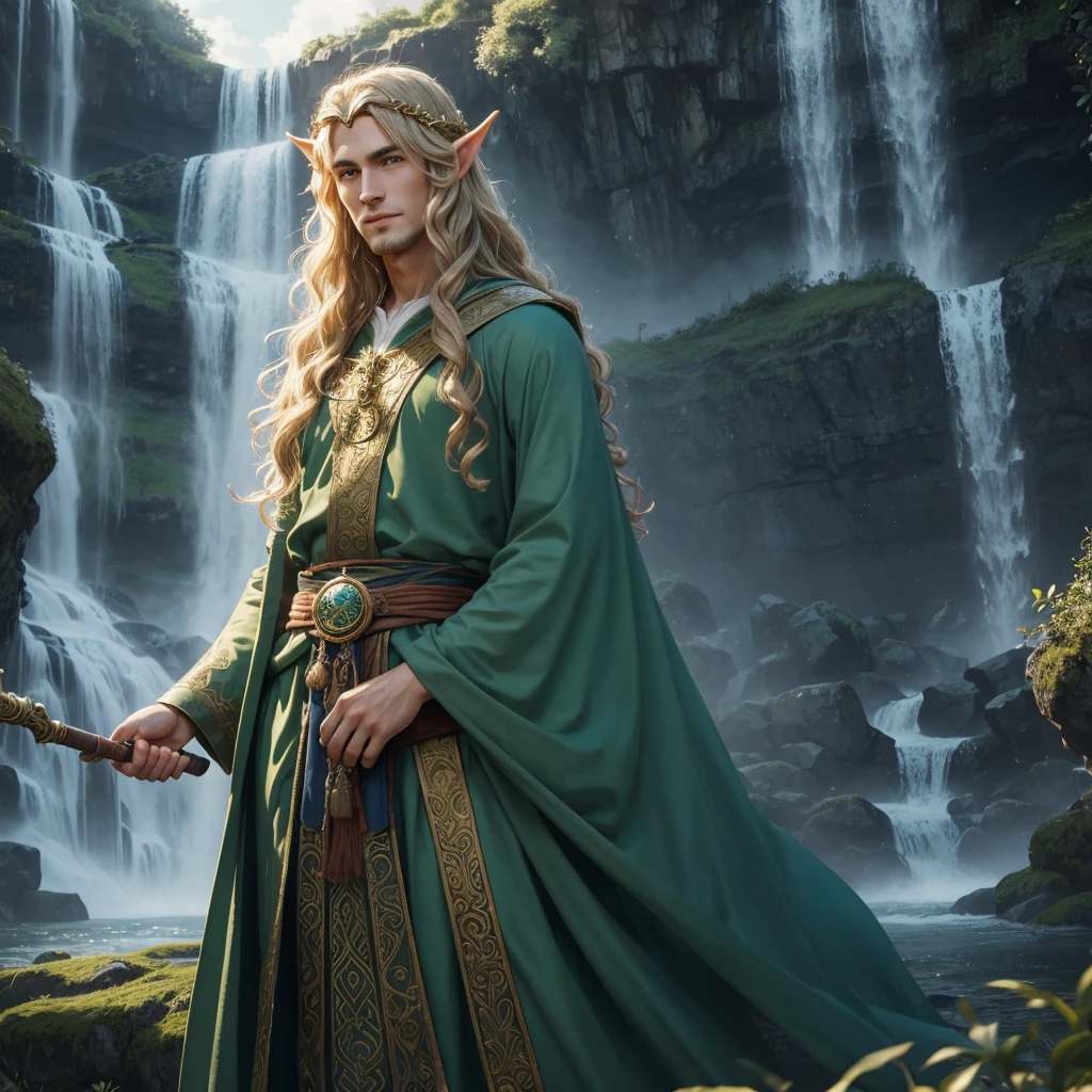 1 Handsome guy god, realistically, waterfall, Lord of the Rings, Celtic, without a beard, long thick wavy golden hair, Tiara on the head, Statuesque figure, full length, long elven robes, indigo, delicate facial features, large green almond-shaped eyes, fantasy, holding a shining rod, There is a pouch on the waist, A wise look, smile