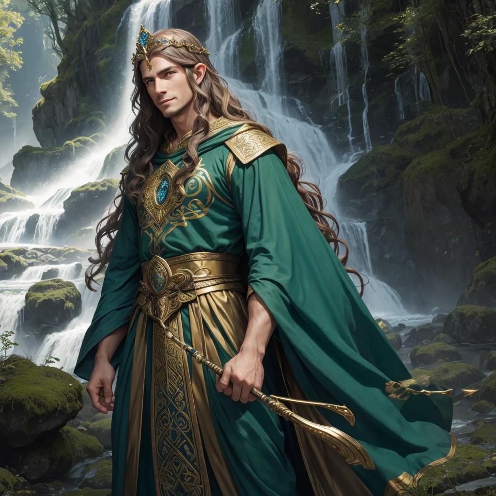 1 Handsome guy god, realistically, waterfall, Lord of the Rings, Celtic, without a beard, long thick wavy golden hair, Tiara on the head, Statuesque figure, full length, long elven robes, indigo, delicate facial features, large green almond-shaped eyes, fantasy, holding a shining rod, There is a pouch on the waist, A wise look, smile