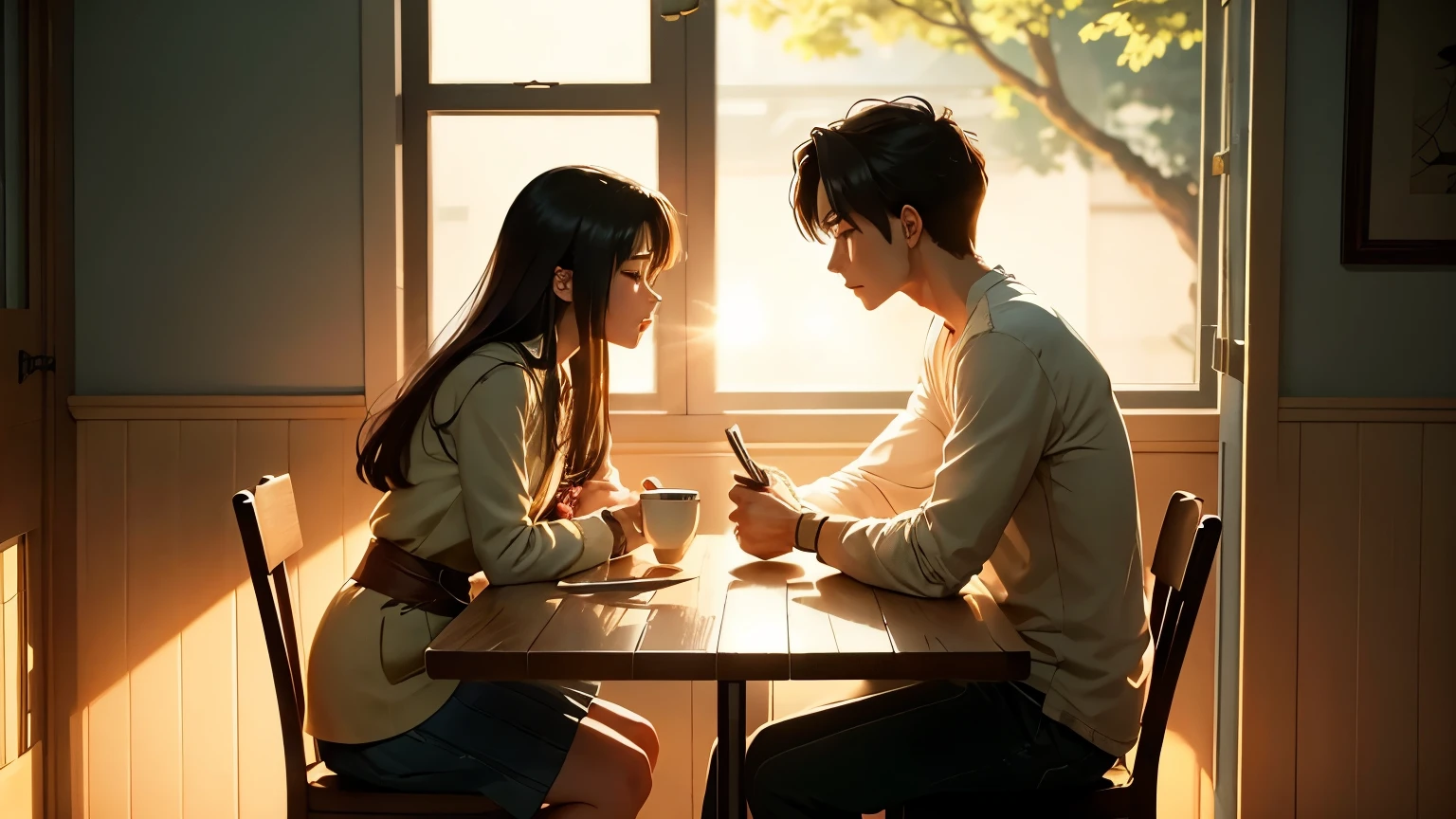 The scene shifts to a cozy café interior, where the couple once shared happier times. Sunlight filters through large windows casting a warm glow on their faces. The couple sits at a table strewn with coffee cups and notebooks, engrossed in conversation. The background is adorned with plants and soft, golden light, exuding a nostalgic and bittersweet atmosphere. An illustration in anime style filled with intense and emotional moments reminiscent of a K-drama, depicting a couple of Korean characters experiencing separation and pain with the dramatic flair typical of general anime aesthetics.