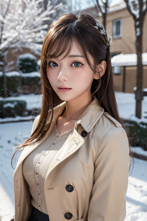 Winters，Snow Scene，Lace pantyhose，((trench coat))、Depth of written boundary，Real Light，Ray Tracing，OC Renderer，UE5 Renderer，Ultra-realistic，Highest quality，8k，Masterpieces，Ultra-fine，Correct Anatomy、(Highest quality, 4K, Tabletop: 1.3), Beautiful woman、Ultra-realistic, One Girl,Ultra detailed face,Detailed eyes,double eyelid, (Beautiful lip detail), Beautiful Face、Japanese 、23 years old、