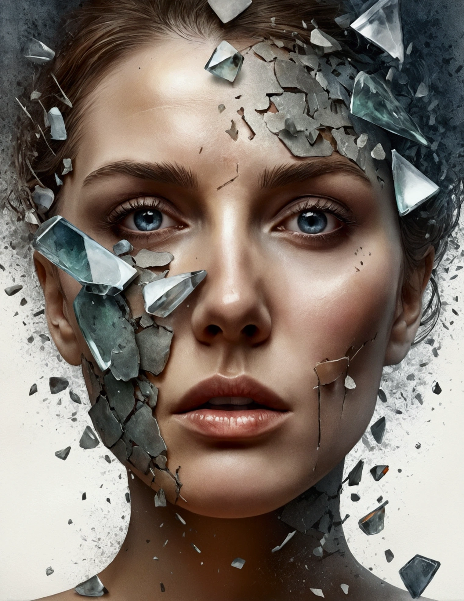 Watercolor painting of the face of a beautiful woman with a broken head and broken glass on her face, expression of loneliness, treasure, silent and depressed,Explosive warhead, Machine parts embedded in face., volatile, inspired by Igor Morski, dramatic work of art, photo manipulation, Photo manipulation, Disintegration, headbang until your brain bleeds, data fragment explosion, tinnitus, official work, Incredibly high level of detail, Photoshop art, noise effect