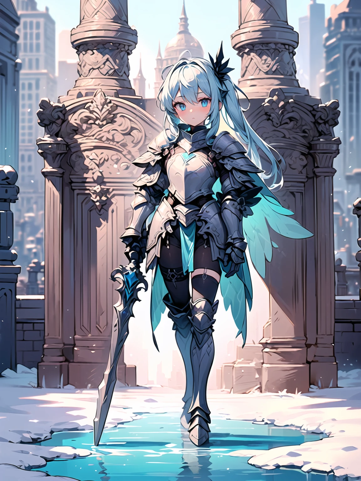 (((masterpiece, best quality, high detailed, 8k))) Design a layout showcase Gaming character, (1girl). Blue+White armor, stylish and unique. ((showcase weapon:1.4)), ice spear. (masterpiece:1.2), (best quality), 4k, ultra-detailed. (Step by step design, layout art:1.5), (luminous lighting, atmospheric lighting). ice queen, ((glove full hands)), (((revealing armor:1.3))), vambraces, armored legwear, (((full_body_shot:1.4))). {On a frozen lake}.