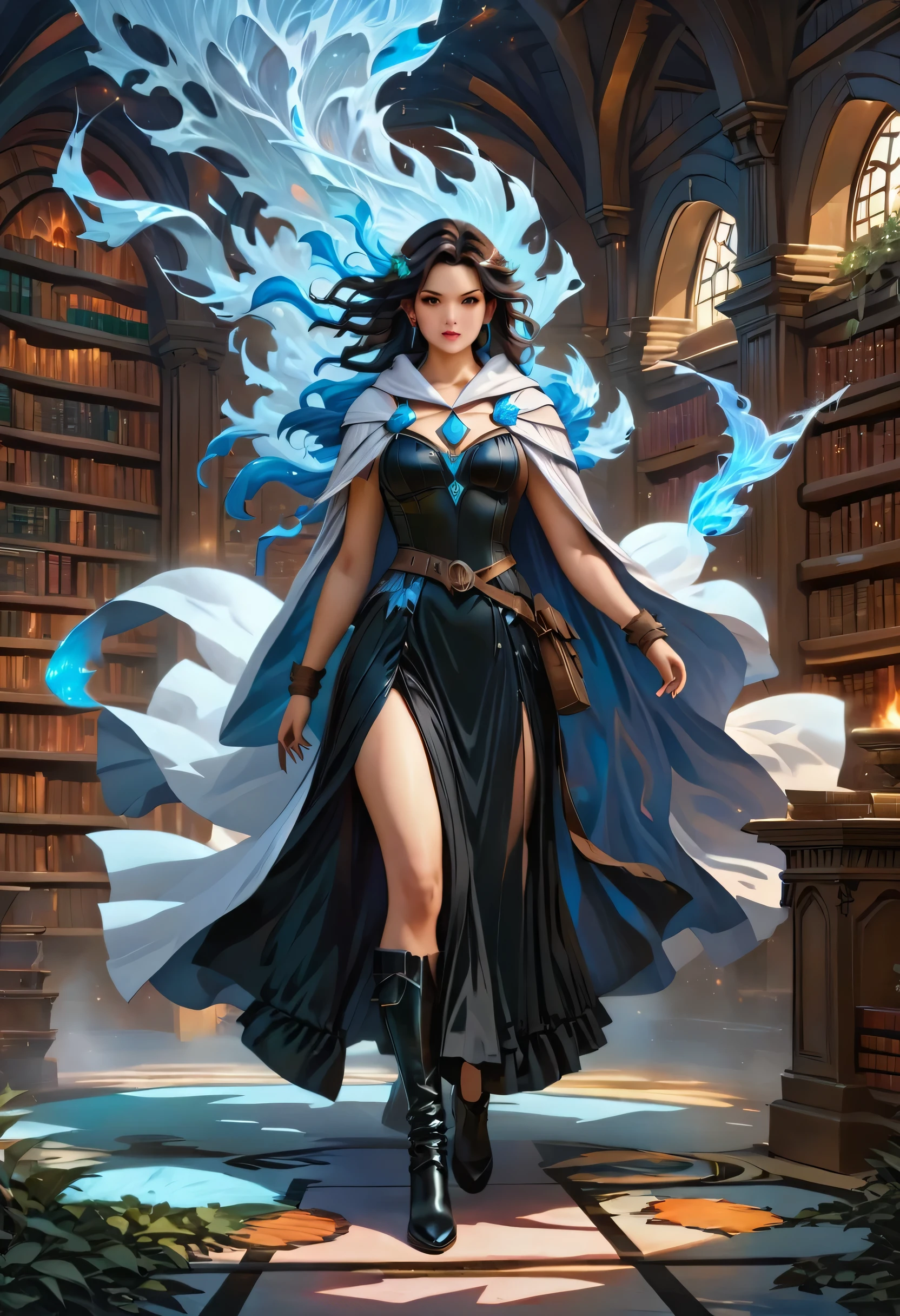 a masterwork picture of a sorceress casting a spell in magical library, exquisite beautiful woman, dynamic hair color, dynamic hair style, ((full body shot: 1.5)), ((anatomically correct: 1.5)), (ultra detailed face: 1.2), best detailed face, high details, best quality, 16k, (long black dress: 1.2), (white cloak: 1.3), high heeled boots (ultra details, Masterpiece, best quality) masterpiece, best quality, (extremely detailed), full body, ultra wide shot, (ultra details, Masterpiece, best quality), fantasy art, dnd art,fantasy art, realistic art, (ultra details, Masterpiece, best quality), (ultra details, Masterpiece, best quality), IceMagicAI, Hyperrealism style, rpg portrait photograph