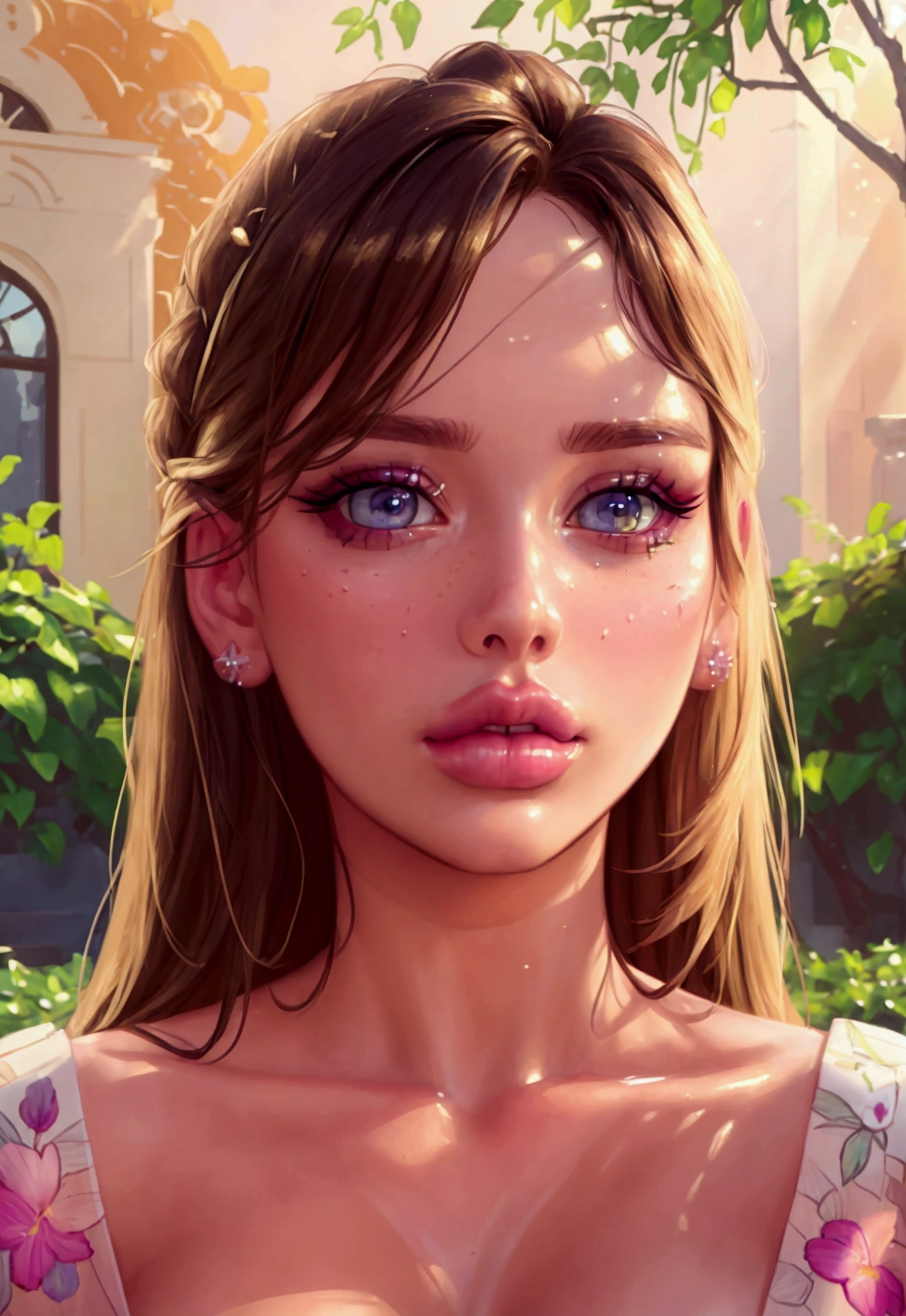 (masterpiece, top quality, best quality, official art, beautiful and aesthetic:1.2), (1girl:1.3), extreme detailed, colorful, highest detailed ((ultra-detailed)), beautiful detailed eyes, beautiful detailed lips, extremely detailed eyes and face, long eyelashes, beautiful young woman with a serene expression, intricate and delicate facial features, flowing hair cascading down her shoulders, elegant and graceful pose, magical garden setting with vibrant flowers and lush foliage, warm soft lighting creating a dreamlike atmosphere, photorealistic, cinematic composition, vibrant and rich color palette, highly detailed and realistic rendering