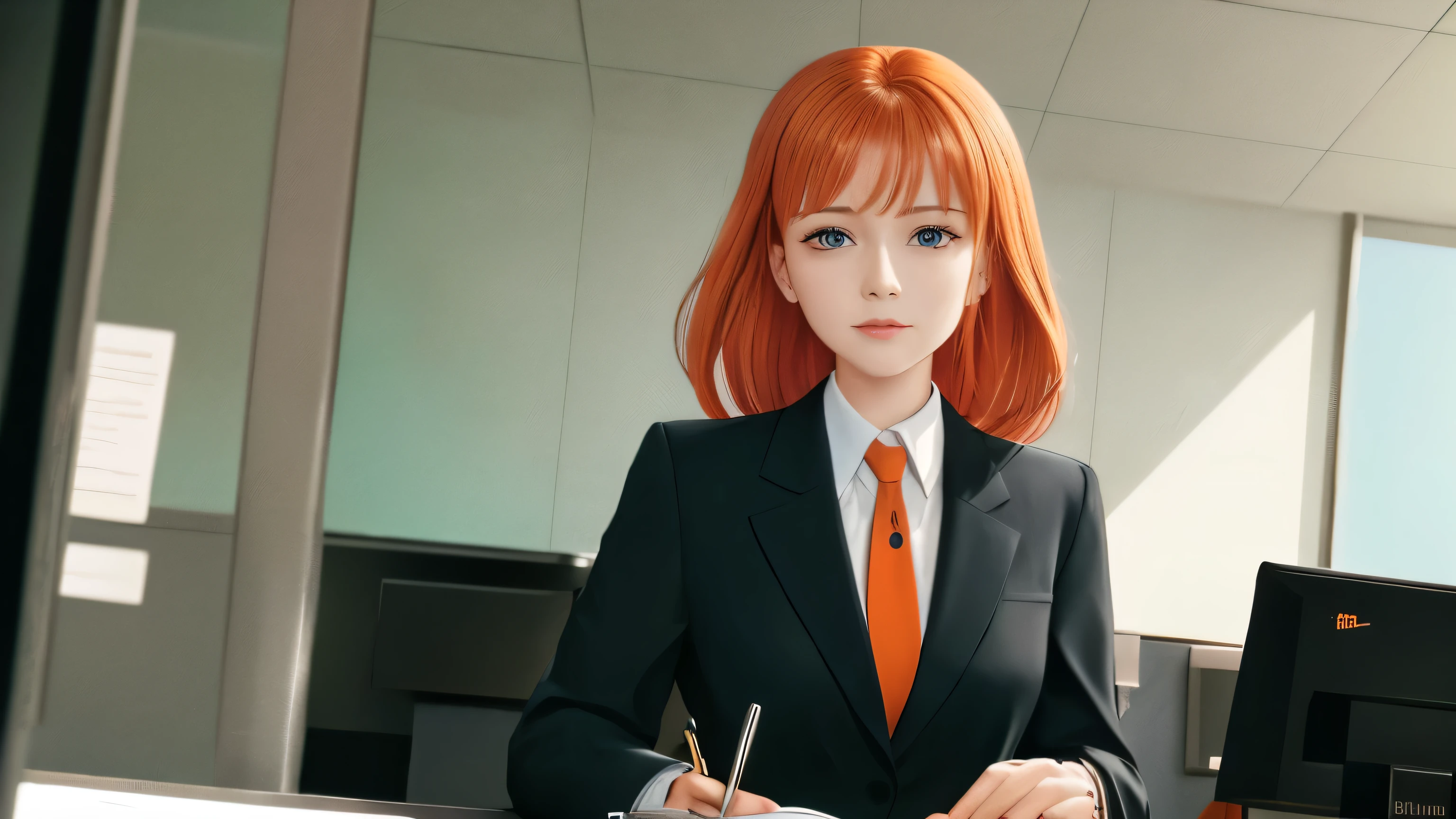 /draw orange hair woman green eyes sitting at desk talking on telephone with computer monitor, 1 9 8 0 s vaporwave business fashion, business woman, 1 9 8 0 s woman, woman in business suit, young business woman, denis velleneuve, female in office dress, sat at her desk, female lawyer, wearing a strict business suit, serious business, working hard, portrait of kim wexler