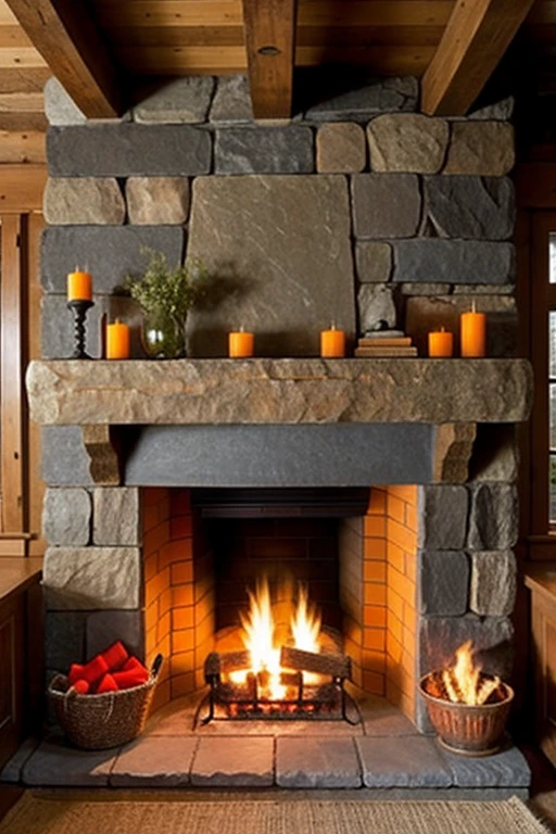 Stone fireplace with the fire providing a warm, orange glow that illuminates surroundings. 
The background consists of a Stones close to gray in colorwall Neat and ornateand a hearth, adding to the cozy, rustic atmosphere. 