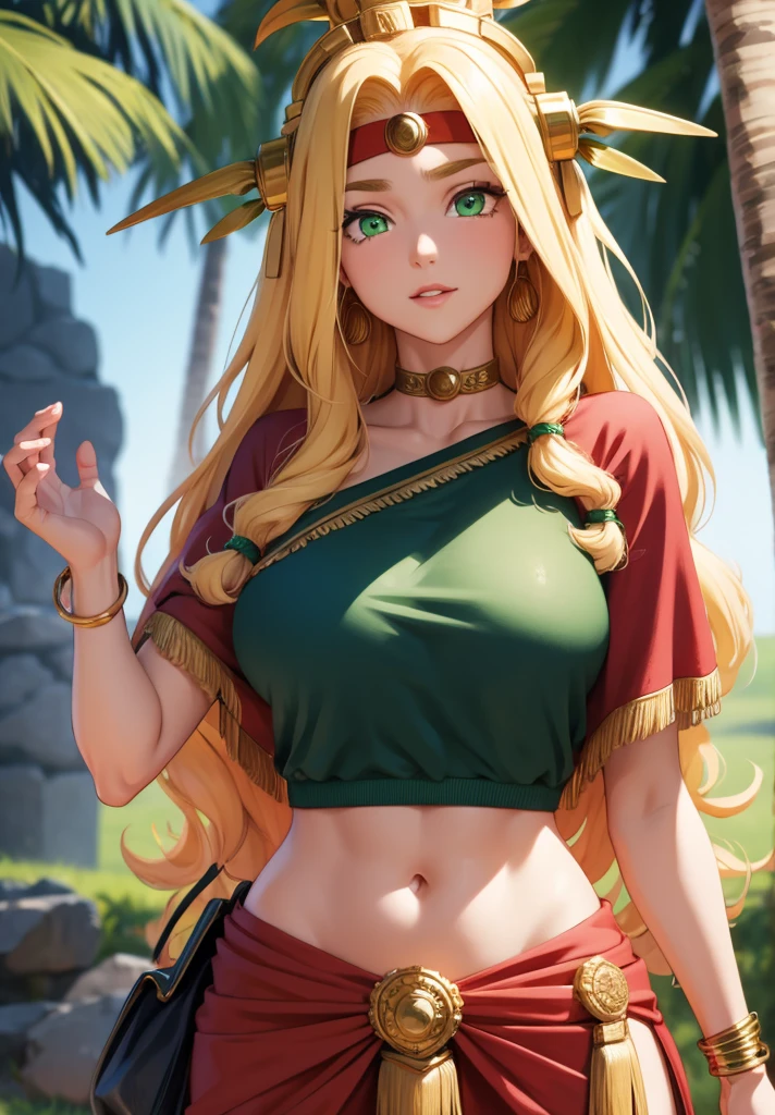 quetzalcoatl, quetzalcoatl, long hair, sidelocks, yellow hair, (green eyes:1.5), wavy hair, (large breast:1.2),
BREAK aztec, bracelet, choker, headband, headdress, jewelry, midriff, navel, short sleeves, wristlet,
BREAK looking at viewer,
BREAK outdoors,
BREAK (masterpiece:1.2), best quality, high resolution, unity 8k wallpaper, (illustration:0.8), (beautiful detailed eyes:1.6), extremely detailed face, perfect lighting, extremely detailed CG, (perfect hands, perfect anatomy),