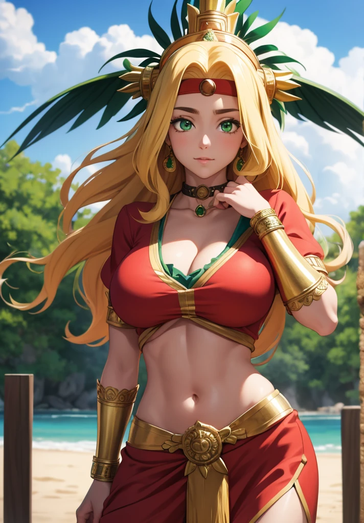 quetzalcoatl, quetzalcoatl, long hair, sidelocks, yellow hair, (green eyes:1.5), wavy hair, (large breast:1.2),
BREAK aztec, bracelet, choker, headband, headdress, jewelry, midriff, navel, short sleeves, wristlet,
BREAK looking at viewer,
BREAK outdoors,
BREAK (masterpiece:1.2), best quality, high resolution, unity 8k wallpaper, (illustration:0.8), (beautiful detailed eyes:1.6), extremely detailed face, perfect lighting, extremely detailed CG, (perfect hands, perfect anatomy),