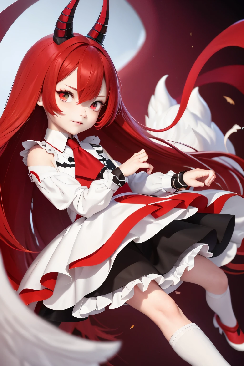 One with vibrant red hair, enlarged expressive eyes, and goat-like horns, showcased in an anime style. The detailed animation captures the character's fiery red hair strands with highlights and gradient shading, while the eyes brim with life, displaying mesmerizing details such as long eyelashes, hanging eye corners, and a hint of heterochromia. The character's fair skin is contrasted by their striking features and bold goat horns, adding a mysterious and captivating appeal. Dressed in an anime-inspired outfit, the character exhibits an unique style with a red ascot, short skirt, and white footwear. The illustration