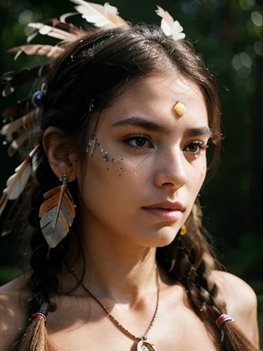 1girl,native american, Naked, feathers,hair ornament,jewelry,necklace,tribal,headdress,armlet,facepaint,braid,bracelet, wz_sousou_no_frieren_style, 1girl in full growth, best quality, masterpiece, ultra-detailed, high quality, perfect nose, highly detailed skin, warm skin tone, defiance512, RAW photo, best quality, high resolution, (masterpiece), dreamlike, dreamy, modelshoot style, analog style, tonemapping, photorealistic, professional photography, sharp focus, HDR, 8K resolution, intricate detail, sophisticated detail, hyper detailed, (depth of field), highlight and shadow, volumetric lighting, cinematic bloom, professional light, looking at viewer, blotchy, full body angle.