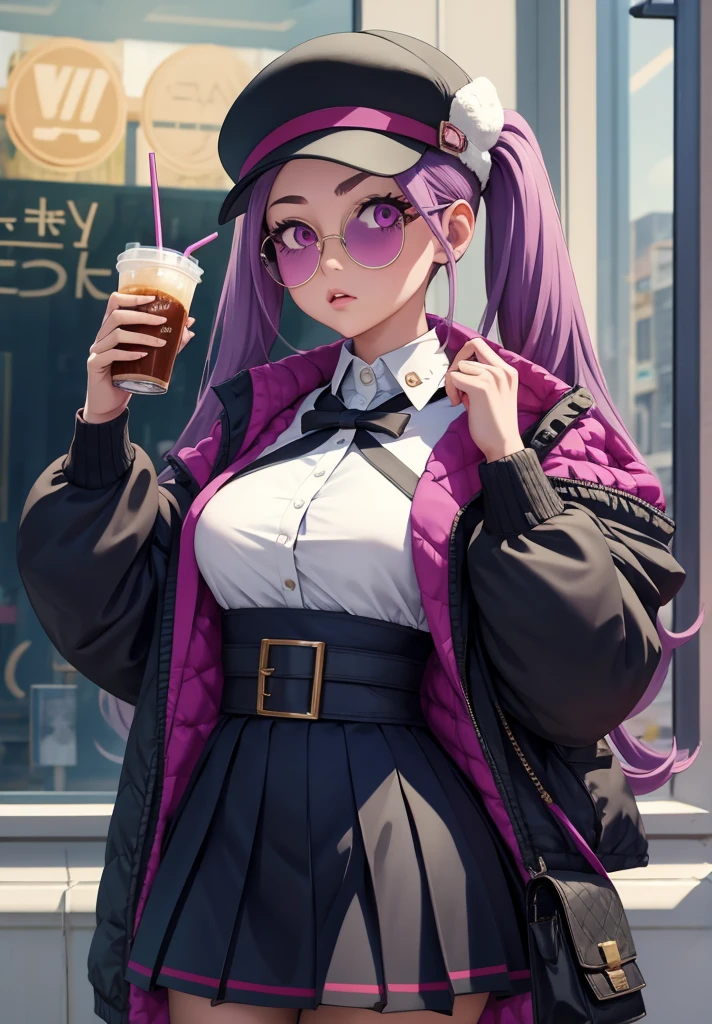 1girl, purple hair, absurdly long hair, purple eyes, twintails, sunglasses, round eyewear, hat, white shirt, dress, miniskirt, pleated skirt, cropped jacket, belt, long sleeves, cross-laced footwear, standing, indoors, mcdonald's, drinking, drinking straw, sweat, looking over eyewear, upper body score_9, score_8_up, score_7_up, score_6_up, score_5_up, score_4_up, (m-da s-tarou:0), masterpiece