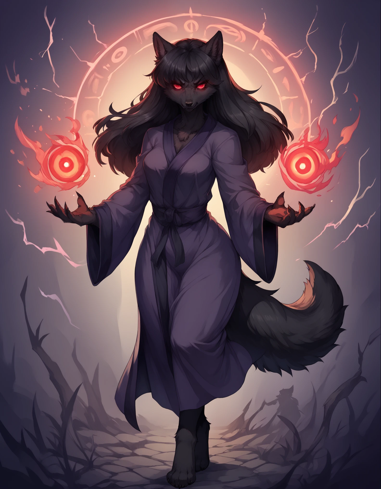 score_9,score_8_up,score_7_up, source_furry, kemono style, Natasha, female all black wolf, long black hair, black_furry_body:1.2, luminescent red eyes, fluffy black ears, black wolf tail, tall, good anatomy, highly detailed, cute snout, highly detailed, clearly drawn eyes, angry eyes, wearing intricate grand wizard robe, dark purple robe, runes on robe trimming, casting a powerful spell, surrounded by fire and lightning, spell casting pose, floating magic rune symbols, in a dark creepy village, spacious detailed background, people stocking, , barefoot, feet paws, 4 toes, exposed toes, good anatomy, good proportions, walking towards viewer