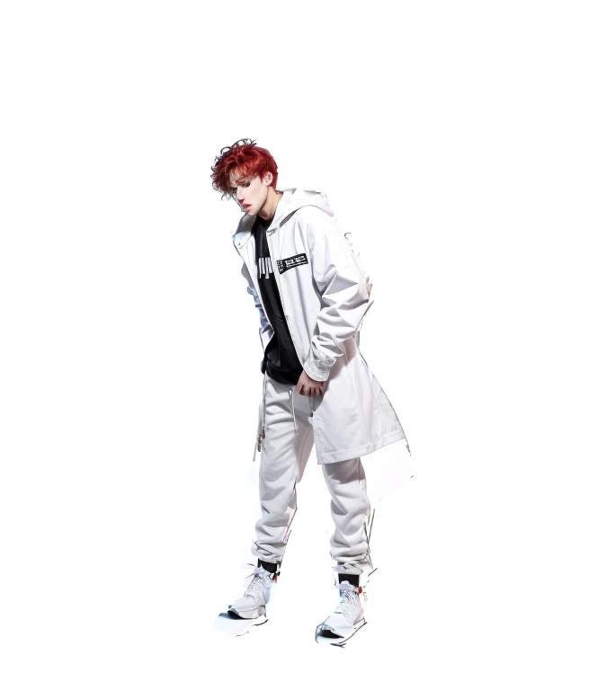White sweatshirt, black overcoat, black pants big red hair black boots, naughty man, light skin color