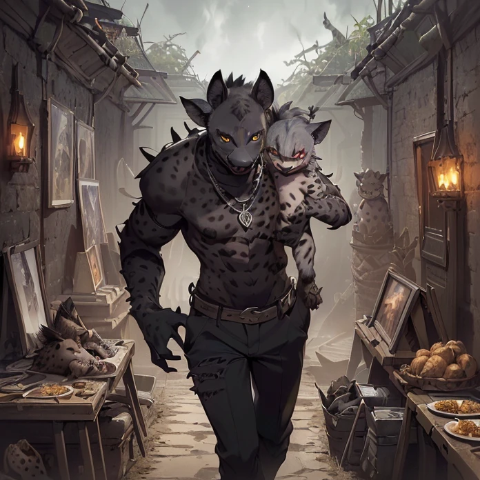 (absurdres, masterpiece, best high quality image epic artwork, high fantasy genre, carefully detailed image, carefully detailed textures, animalistic character, fantasy animal artwork, anthropomorphic, real animal features, solo animal character, full anthro animal body view)
{{((1anthropomorphic-animal: adult gnoll: ((hyena head, real hyena face, hyena orange eyes, black nose, hyena ears, hyena mouth, hyena teeth), (male slender hyena body, hyena fur, hyena arms, hyena hands with five fingers and grey sharp claws), (hyena slender legs, hyena feet, five hyena feet fingers with grey sharp claws)), ((black armor, blue pants, spiky necklace)), (hyena sadistic smiling face, provocative killer pose, insane malefic demeanor), (gnoll encampement, norse tribal tents, grey cloudy sky))}}