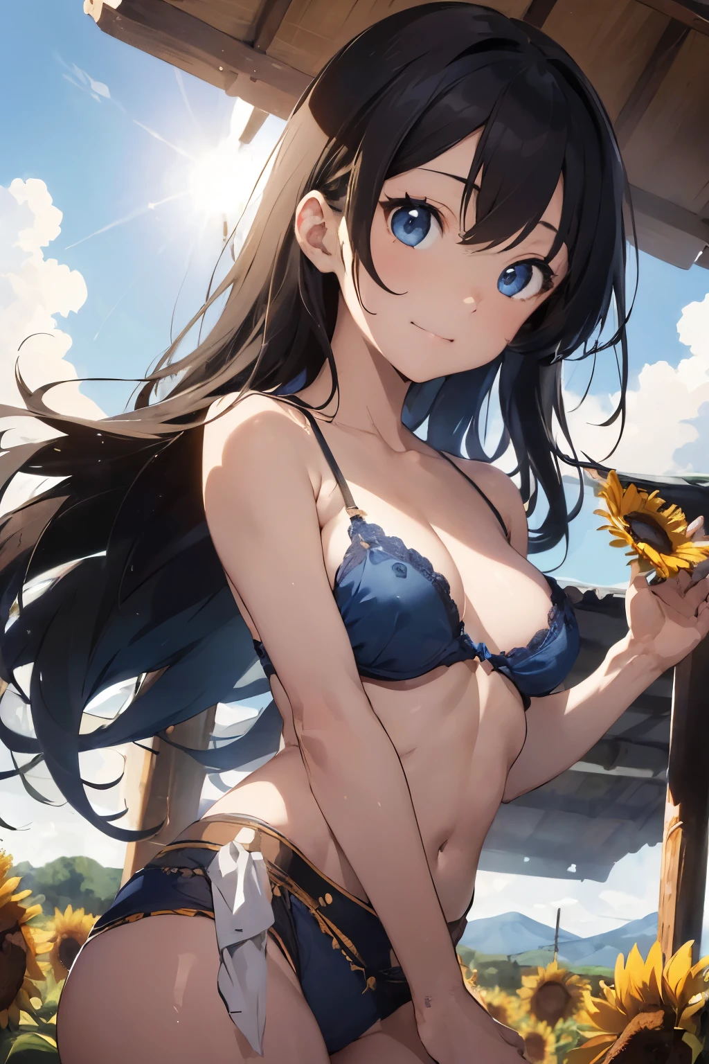 ((Highest quality)), ((masterpiece)), (detailed), (Japanese),12 years old, Black Hair,(Childish face), (long hair), Girl, , big Breasts, Small nipples,  topless, ((Blue eyes)),half-smile ,Tube Top Bra, Sunlight, cowboy shot, arched back, (close_up) ,,Sunflower field ,Plateau,