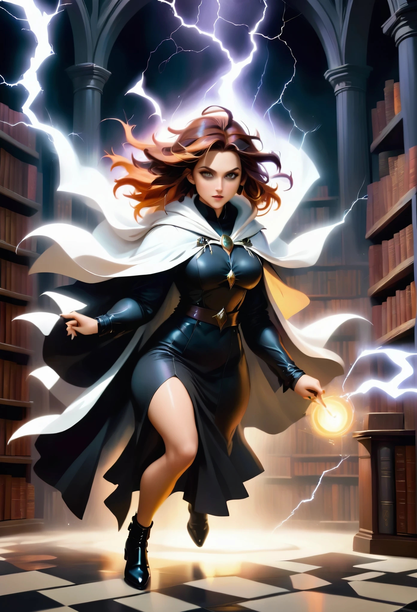 a masterwork picture of a sorceress casting a spell in magical library, exquisite beautiful woman, dynamic hair color, dynamic hair style, ((full body shot: 1.5)), ((anatomically correct: 1.5)), (ultra detailed face: 1.2), best detailed face, high details, best quality, 16k, (long black dress: 1.2), (white cloak: 1.3), high heeled boots (ultra details, Masterpiece, best quality) masterpiece, best quality, (extremely detailed), full body, ultra wide shot, (ultra details, Masterpiece, best quality), fantasy art, dnd art,fantasy art, realistic art, (ultra details, Masterpiece, best quality), (ultra details, Masterpiece, best quality), LightningMagicAI, Hyperrealism style, rpg portrait
photograph