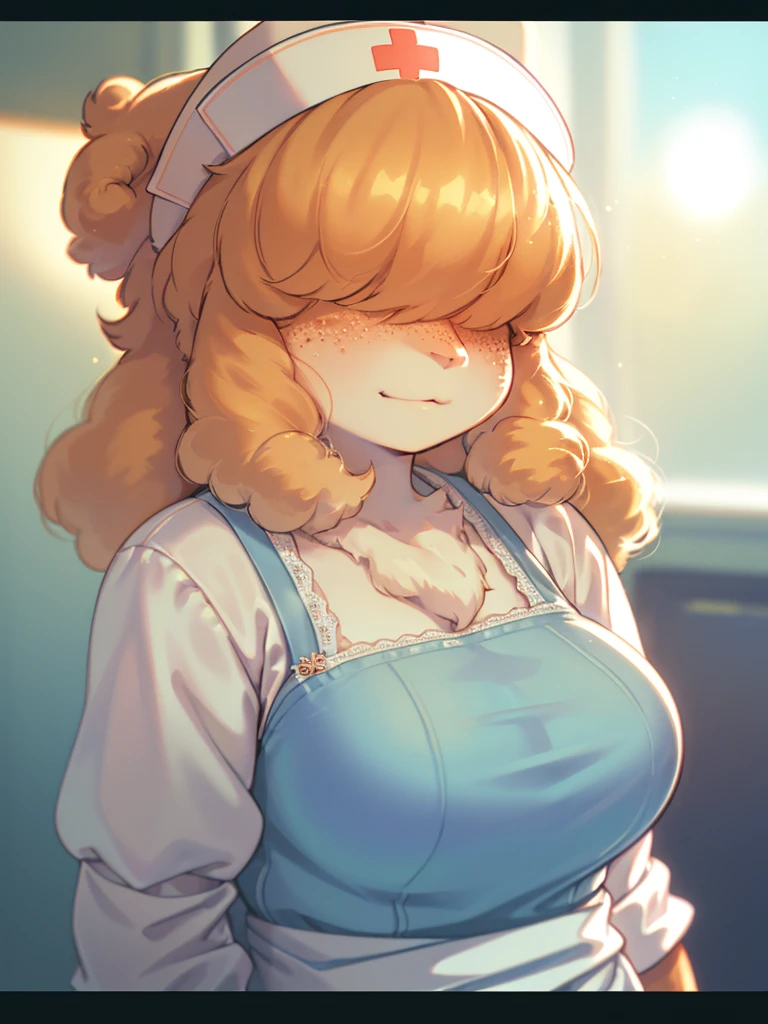 (Sumilux f1.4 50mm , low Latitude old color negative film , cross process , bokeh, flare, chromatic aberration , soft focus, (Shallow focus) , soft glow , Maximum aperture, High Key , Transparent depiction) , closeup face , sheep mom nurse , (Woolly hair over eyes) , (Freckles:0.8) , in the hospital , Nursing uniform , portrait photo