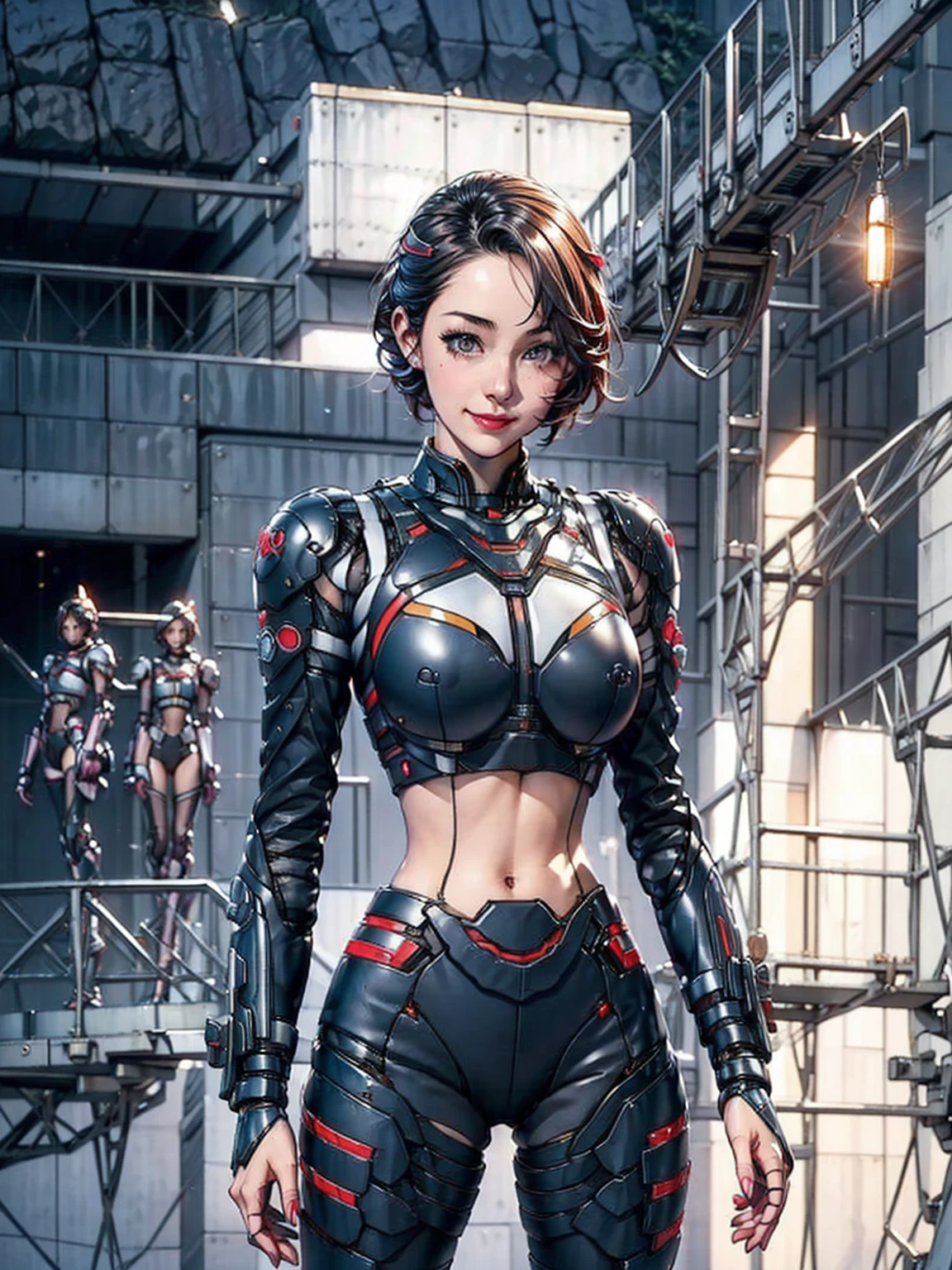 163 Short Hair,  (20-year-old woman, Are standing), Surreal, A kind smile, SF Cool Suit, (lipstick), Futuristic fighter, light, lunp, shining, neon, sparking, 
