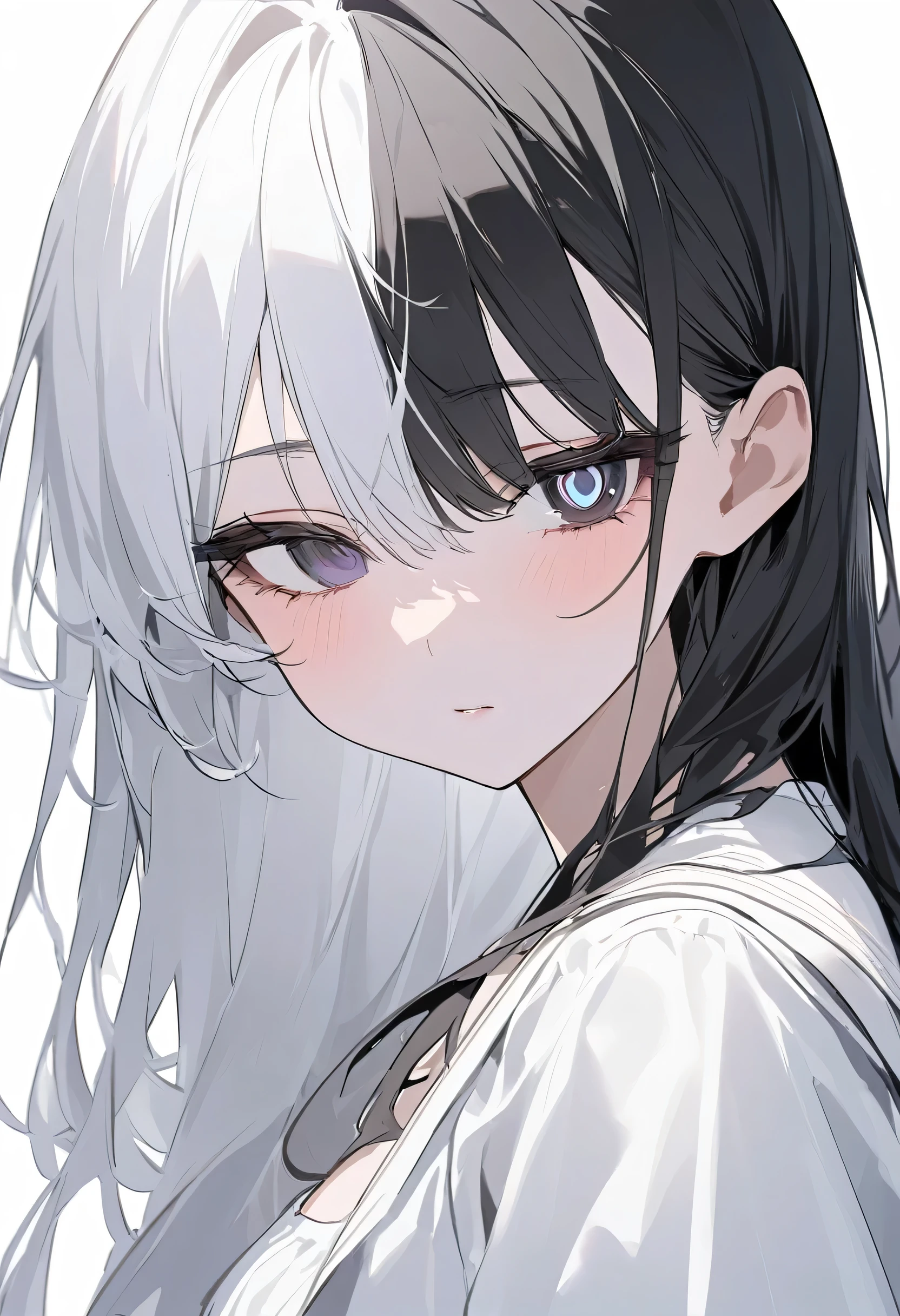 in black and white、Girl、black and white hair、mixed black and white、mixed black and white髪、half black、half white、by the wide、strange eye、strange eye Left eye is white, right eye is black、The left eye is white.、The left eye is white.、The right eye is black.、The right eye is black.、A girl with a mix of black and white、in black and whiteのGirl、White background、Black and White Girl、white room、Black and White Girl、emotionless、Calm