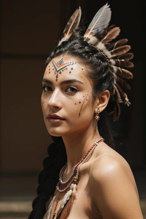 1girl,native american, Naked, feathers,hair ornament,jewelry,necklace,tribal,headdress,armlet,facepaint,braid,bracelet, wz_sousou_no_frieren_style, 1girl in full growth, best quality, masterpiece, ultra-detailed, high quality, perfect nose, highly detailed skin, warm skin tone, defiance512, RAW photo, best quality, high resolution, (masterpiece), dreamlike, dreamy, modelshoot style, analog style, tonemapping, photorealistic, professional photography, sharp focus, HDR, 8K resolution, intricate detail, sophisticated detail, hyper detailed, (depth of field), highlight and shadow, volumetric lighting, cinematic bloom, professional light, looking at viewer, blotchy, full body angle.