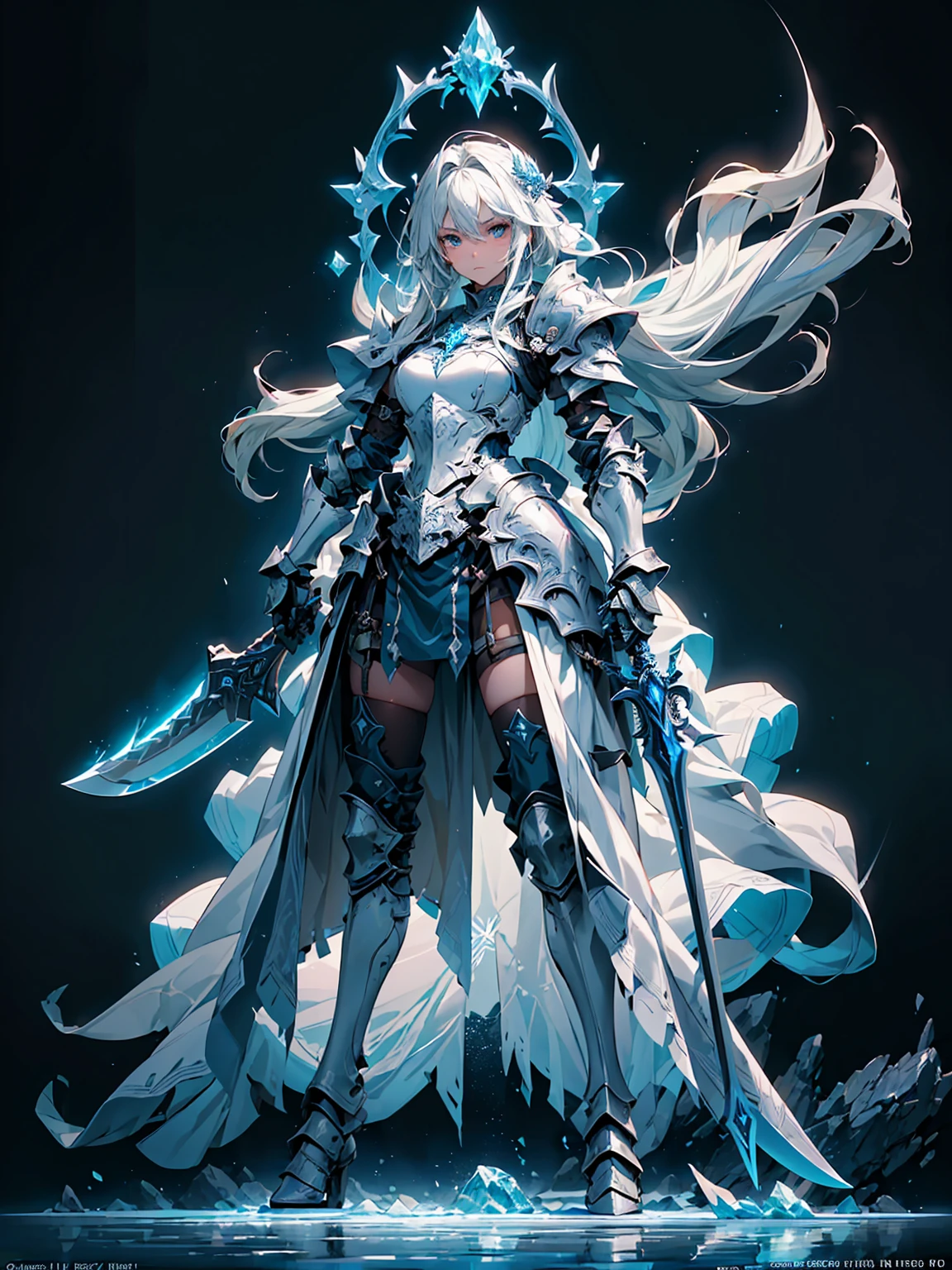 (((masterpiece, best quality, high detailed, 8k))) Design a layout showcase Gaming character, (1girl). Blue+White armor, stylish and unique. ((showcase weapon:1.4)), ice spear. (masterpiece:1.2), (best quality), 4k, ultra-detailed. (Step by step design, layout art:1.5), (luminous lighting, atmospheric lighting). ice queen, ((glove full hands)), (((revealing armor:1.3))), vambraces, armored legwear, (((full_body_shot:1.4))). {On a frozen lake}.