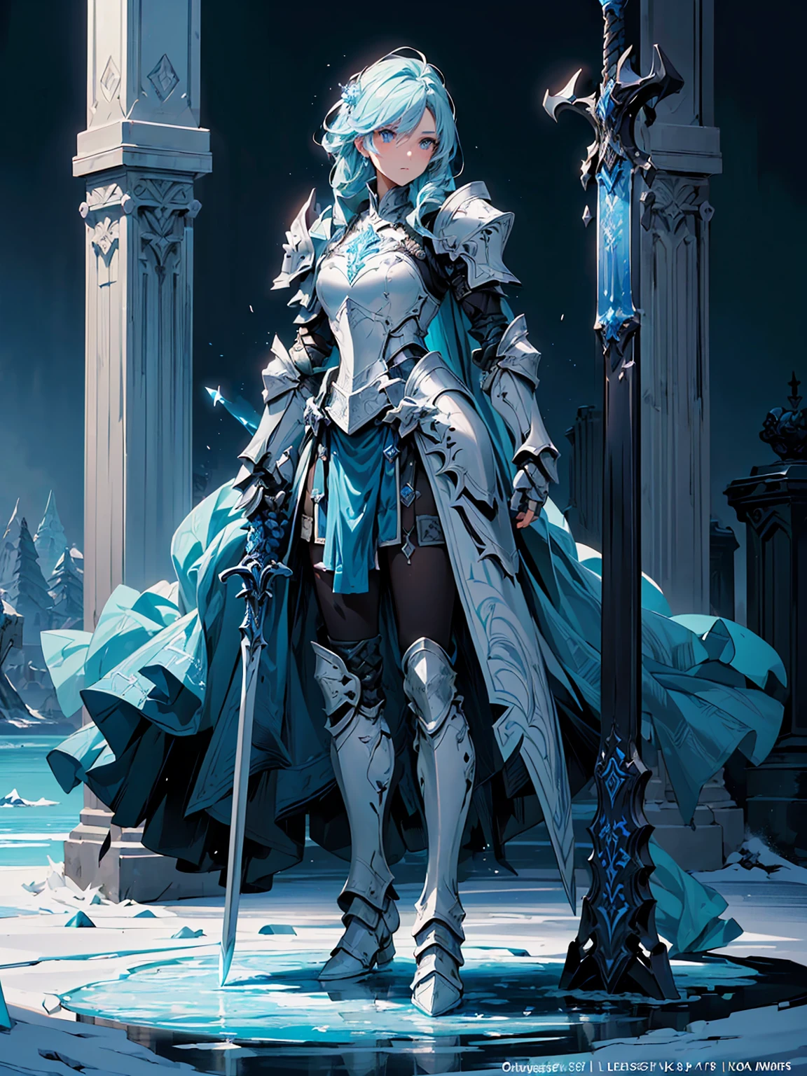 (((masterpiece, best quality, high detailed, 8k))) Design a layout showcase Gaming character, (1girl). Blue+White armor, stylish and unique. ((showcase weapon:1.4)), ice spear. (masterpiece:1.2), (best quality), 4k, ultra-detailed. (Step by step design, layout art:1.5), (luminous lighting, atmospheric lighting). ice queen, ((glove full hands)), (((revealing armor:1.3))), vambraces, armored legwear, (((full_body_shot:1.4))). {On a frozen lake}.