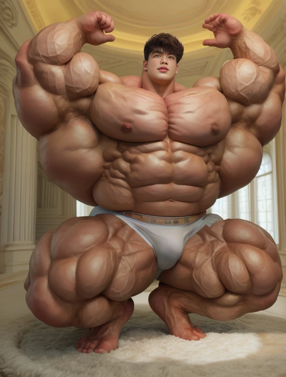 1boy, chinese, giant bodybuilder, stand, illuminating light, strong body, bulk, large size, staring, squatting, armpit, in the white decoration room, nude, white triangular underwear, prominent bulge, extraordinary big, brutalmass, giant, muscular body, bulk, buff, massive body, large meaty body size, extremely wide body