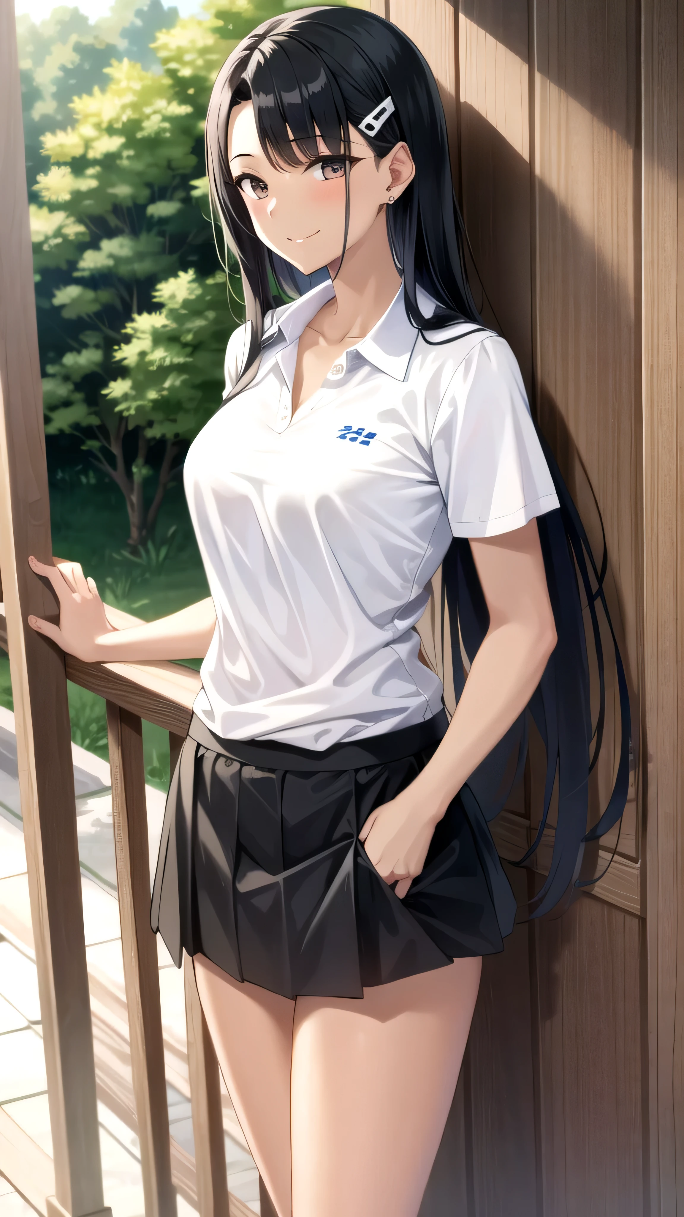 1girl, solo, tennis wear, white polo shirt, white sneakers, white miniskirt, masterpiece, best quality, realistic, hyper-detailed, slender, (shiny skin, sweaty:1.4), absurd, looking at viewer, short twintail, black hair, brown eyes, dynamic lighting, high resolution, sharp focus, depth of field, detailed eyes, sharp pupils, realistic pupils, (small breasts:1.3), (thick thighs:1.1), outdoor, sky