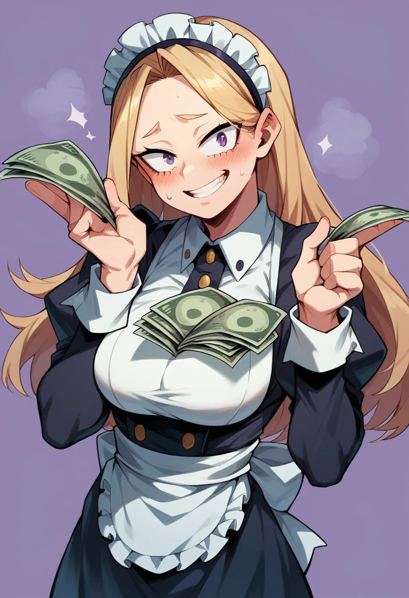 A horny excited maid blushing. black long hair and purple eyes. Boku no Hero Academia Art Style. Purple Background with much money and gold.