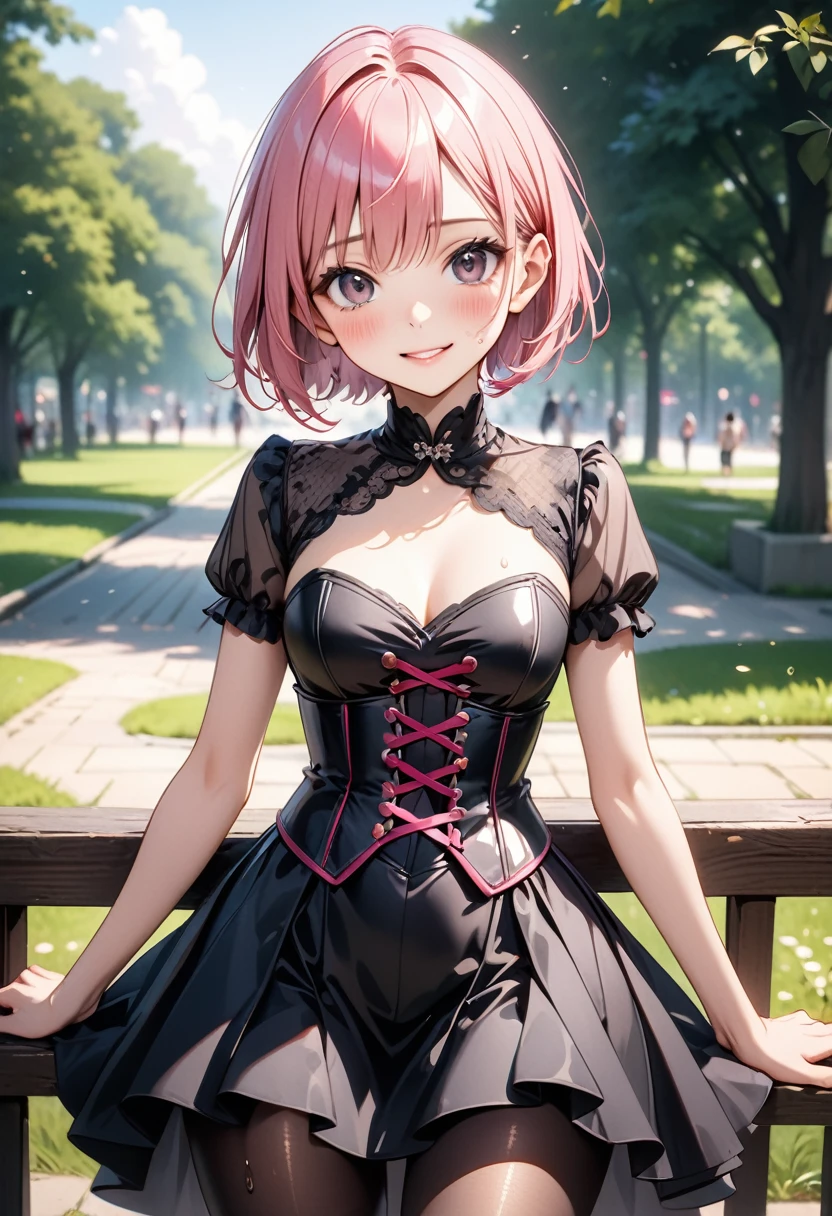 (((Wearing an elegant, (shiny gothic dress a silk), corset and skirt, pantyhose))), skinny, solo, 1 woman, Masterpiece, highest quality, highest quality, 16K, incredibly absurd, highly detailed, 2.5D, ai-generated, delicate and dynamic, very delicate facial expressions, delicate eye depiction, erotic, only sexy woman, ((A cute and kind face)), healthy figure, ((25-year-old woman)), 160cm tall, medium firm swaying bust, (short hair), (pink hair:1.5), bob cut, black eye, blush, Sweat,Embarrassed,sexy, ((thin thighs)), (Erect nipples,:0.5), shiny and lustrous, facing straight at viewer, smile, ((Oily_skin)), (standing), cowboy shot, ((arm at side)), A city park in midsummer,