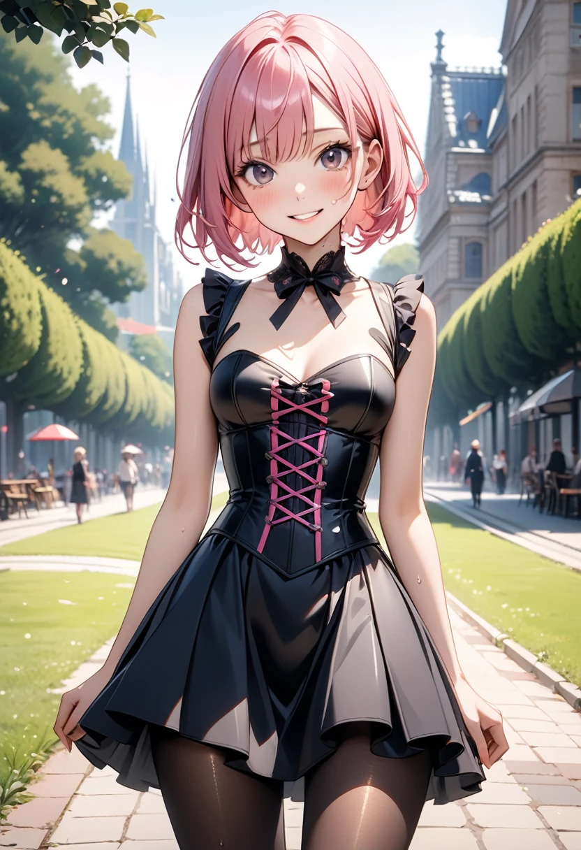 (((Wearing an elegant, (shiny gothic dress a silk), corset and skirt, pantyhose))), skinny, solo, 1 woman, Masterpiece, highest quality, highest quality, 16K, incredibly absurd, highly detailed, 2.5D, ai-generated, delicate and dynamic, very delicate facial expressions, delicate eye depiction, erotic, only sexy woman, ((A cute and kind face)), healthy figure, ((25-year-old woman)), 160cm tall, medium firm swaying bust, (short hair), (pink hair:1.5), bob cut, black eye, blush, Sweat,Embarrassed,sexy, ((thin thighs)), (Erect nipples,:0.5), shiny and lustrous, facing straight at viewer, smile, ((Oily_skin)), (standing), cowboy shot, ((arm at side)), A city park in midsummer, (Metallic sparkling costumes),