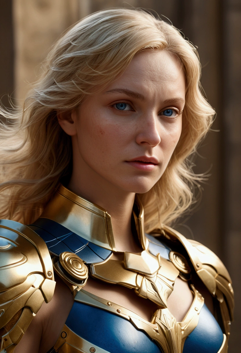 angel, armor gold (masterpiece, best quality, high resolution:1.4), 1girl, angel, skin pores texture, Hair blonde, HD , Photography, movie, cinematic, full Body, Realistic, (8k, RAW photo, best quality, masterpiece:1.2), (realistic, photo-realistic:1.33), best quality, detailed eyes blue, cute,natural lighting, depth of field, film grain, wrinkled skin, sharp, detailed and realistic portrait of a woman ,(freckles:0.5)