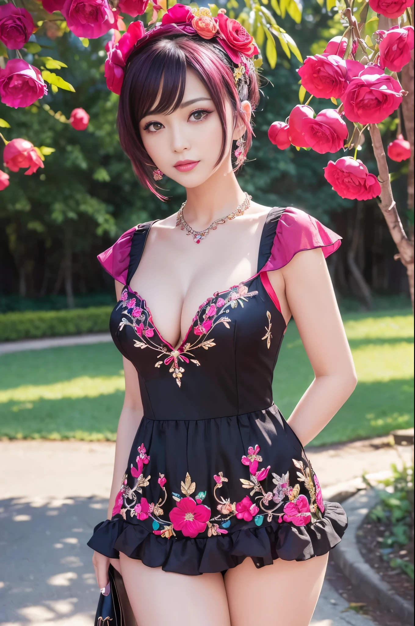 (masterpiece:1.4), (best quality:1.4), ultra high res, ultra high resolution, ((detailed facial features)), HDR, (realistic, photorealistic, photo-realistic:1.37), full body Esbian, sexy Vietnamese model, (-anime), vivid colors, ((vivid colors multicolor (red, fuchsia) very short hair)), (happy smile), lip-gloss, long lashes, beautiful makeup, defined eyebrows, wearing large sparkling colorful jewelery, wearing a red silk Paradise Kiss cosplay dress with black floral embroidery, ((vivid colors outfit)), vivid colors, look at the camera, cinematic light, large park background with trees, sweet and sexy pose