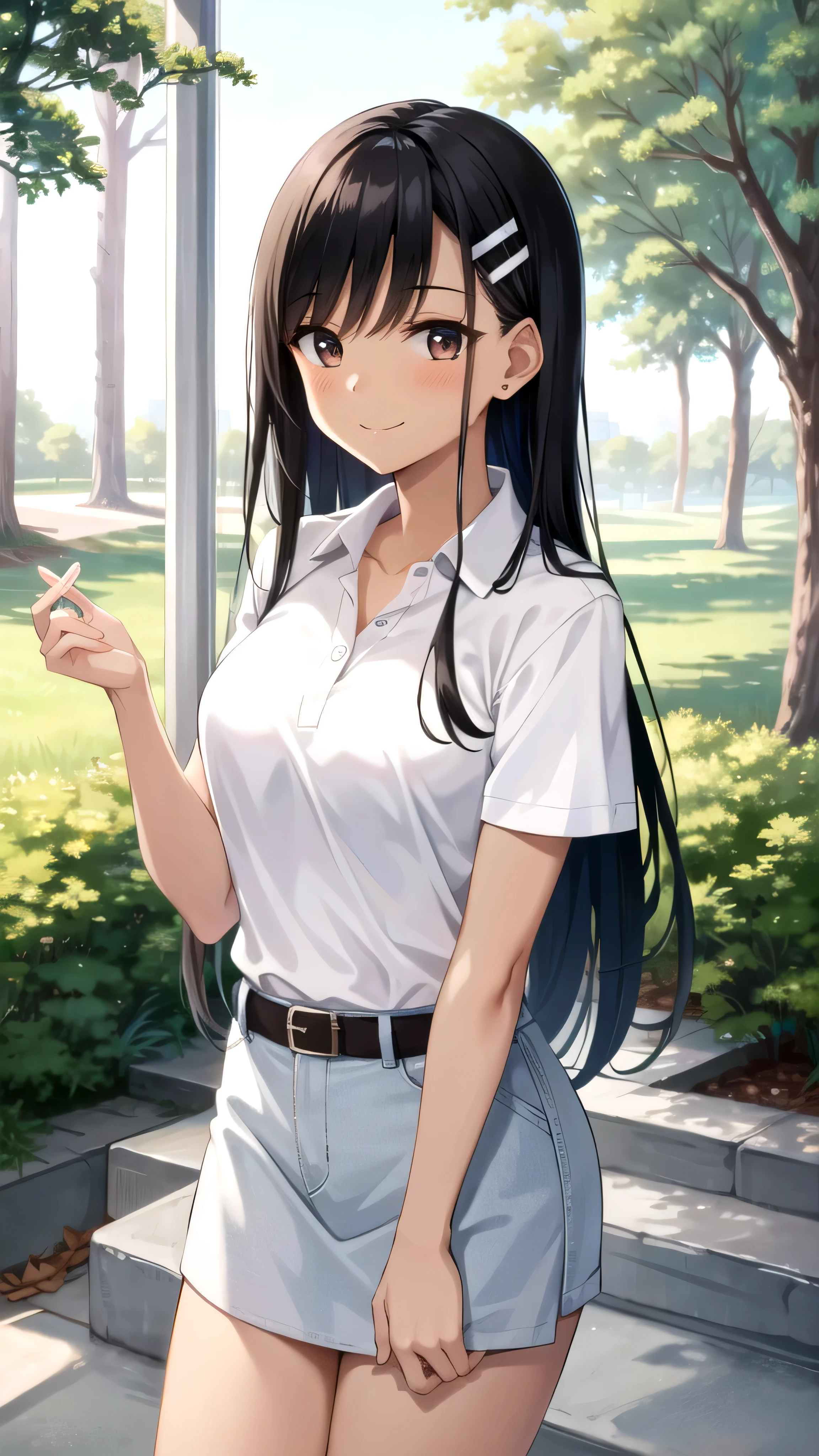 ((best quality)), ((masterpiece)), (details), one girl, sexy ((best quality)), ((masterpiece)), (details), one girl, sexy ((best quality)), ((masterpiece)), (details), one girl, full body, sexy expensive body, expensive, long legs, mature woman, mature, adult, it_nagatoro_main, Hayase Nagatoro, one girl, blushing, alone, white polo shirt, short sleeves, black hair,brown eyes, hair accessory, looking at viewer, hair clip, smiling, long hair, dark skinned woman, dark skin, , bangs, daytime, skirt, collared shirt, collarbone, ear clip, mouth closed, tree, asymmetrical bangs, upper body