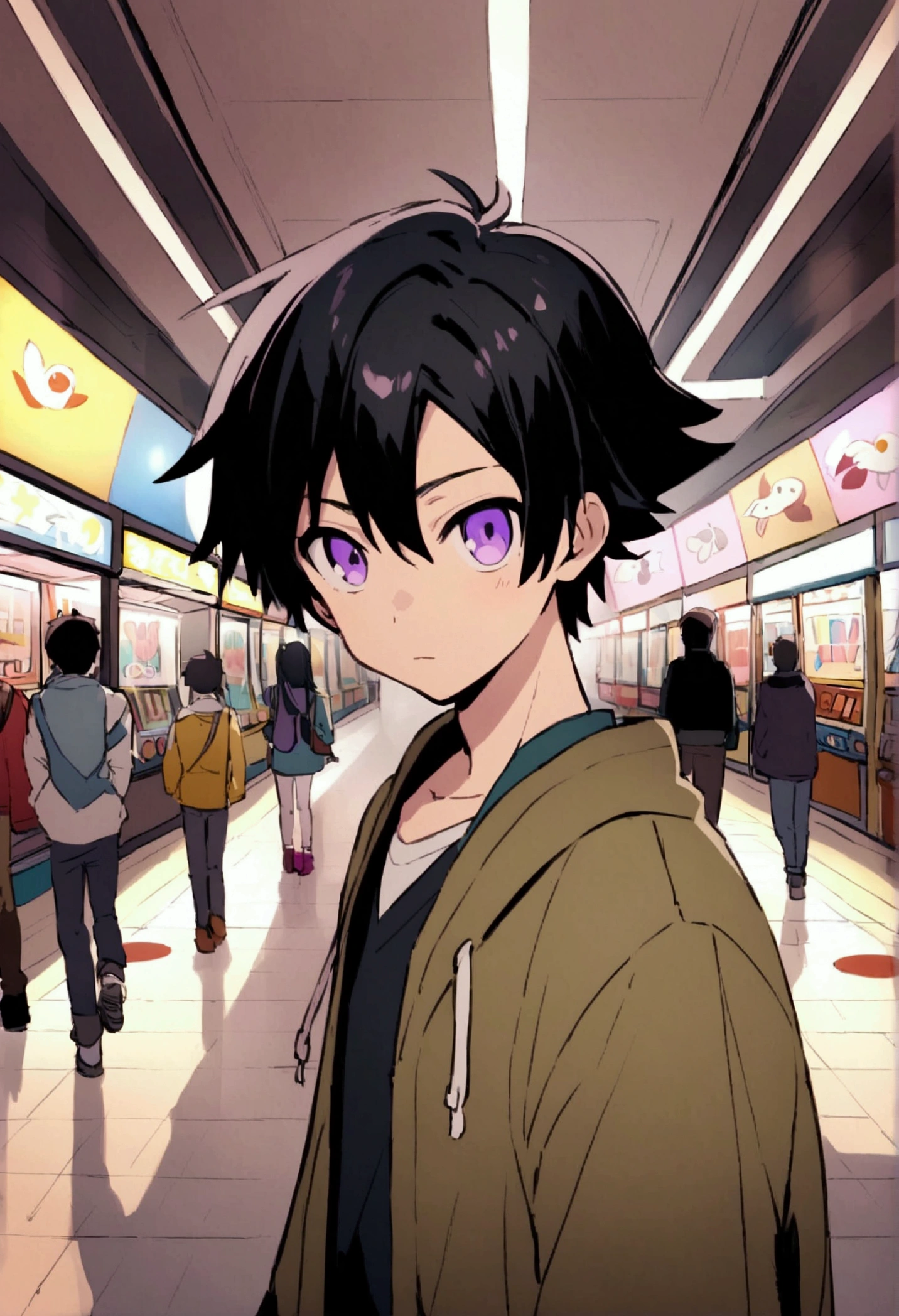Anime boy with black hair and purple eyes in a mall inside of a arcade