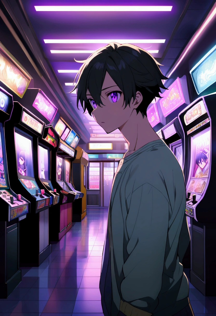Anime boy with black hair and purple eyes in a mall inside of a arcade