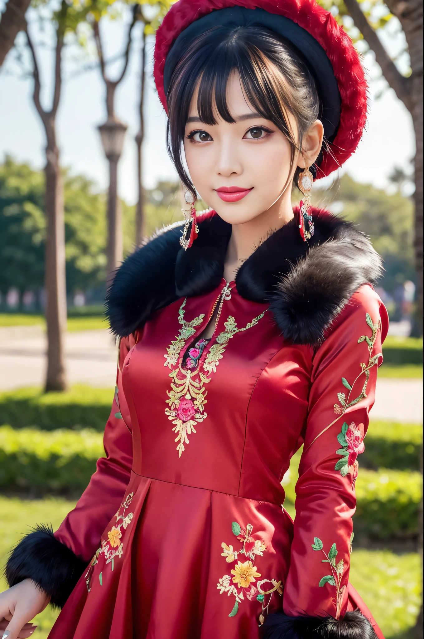(masterpiece:1.4), (best quality:1.4), ultra high res, ultra high resolution, ((detailed facial features)), HDR, (realistic, photorealistic, photo-realistic:1.37), full body, sexy Vietnamese model, (-anime), only 1 model, vivid colors, very short hair, (beautiful smile), lip-gloss, long lashes, defined eyebrows, wearing large sparkling colorful jewelery, wearing a red silk Paradise Kiss cosplay dress with black floral embroidery, ((long fur vivid colors outfit)), vivid colors, look at the camera, cinematic light, large park background with trees, sweet and sexy pose