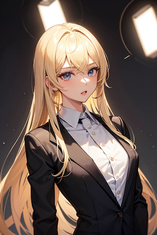 (Highest quality:1.24, Very detailed, Anime Style, Attention to detail, masterpiece:1.2, Highest quality, Best aesthetics), (((1 male))), lawyer, ((business suit, )), Open your mouth:1.2, (blonde, Straight hair, Front view, Random Pause, Friendly atmosphere, Shiny Hair, Beautiful Skin, Detailed face and eyes, Glossy Lips, Slender body,, Spotlight, Light and shadow with attention to detail, Background Blur.