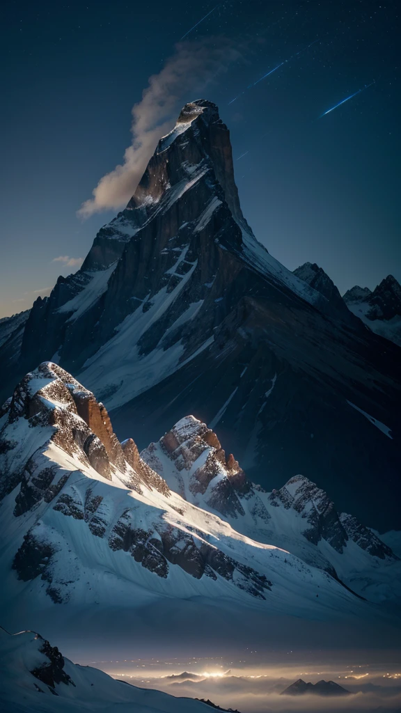 A majestic mountain range, snow-capped peaks reaching towards the heavens, cloaked in a breathtaking galaxy-filled sky, bioluminescent flora dotting the landscape, dramatic lighting, cinematic composition, intricate details, photorealistic, highly detailed, 8K, award-winning artwork, digital painting